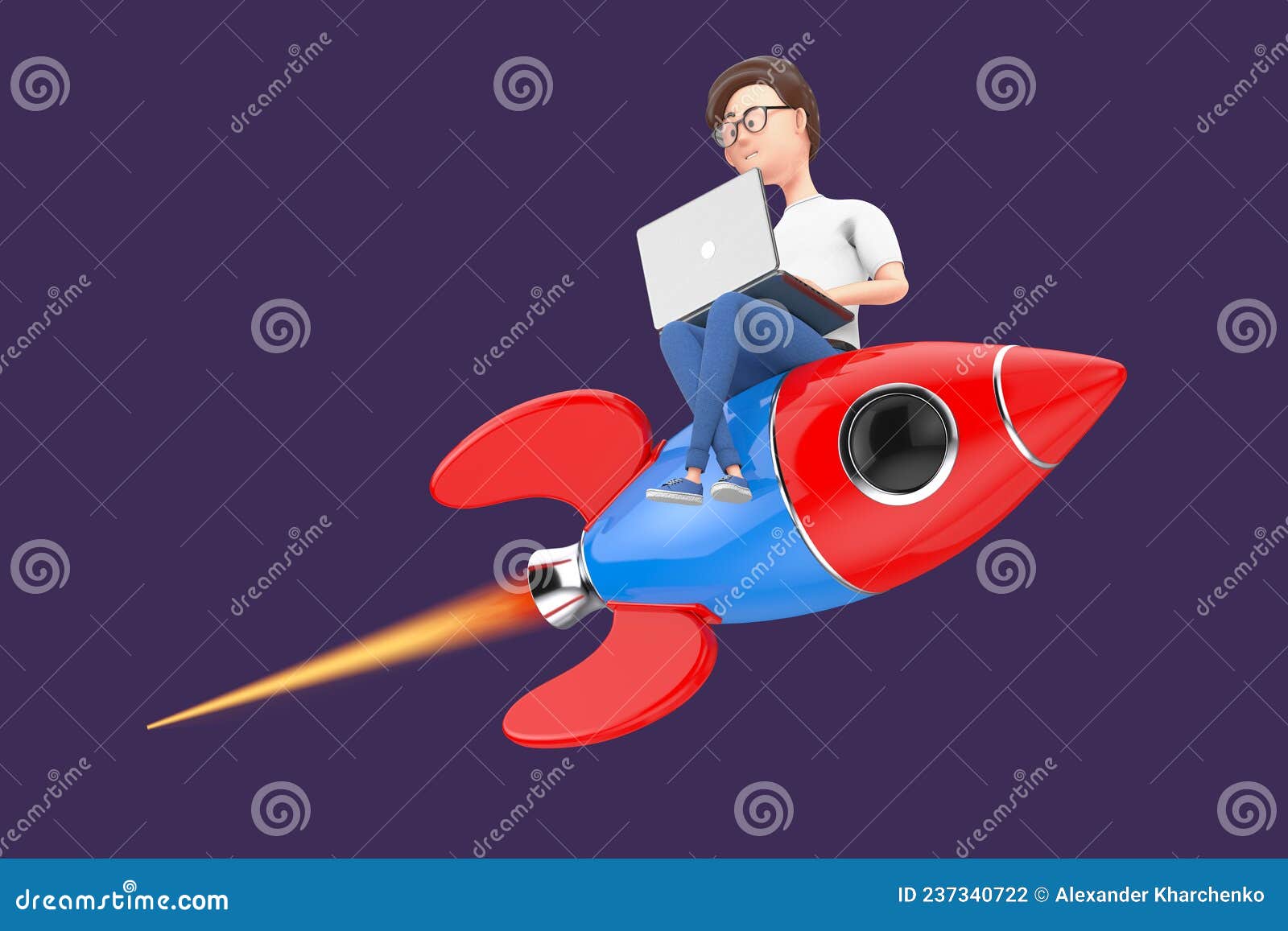 Cartoon Character Person Businessman with Laptop Working Over Rocket. 3d  Rendering Stock Illustration - Illustration of internet, blue: 237340722