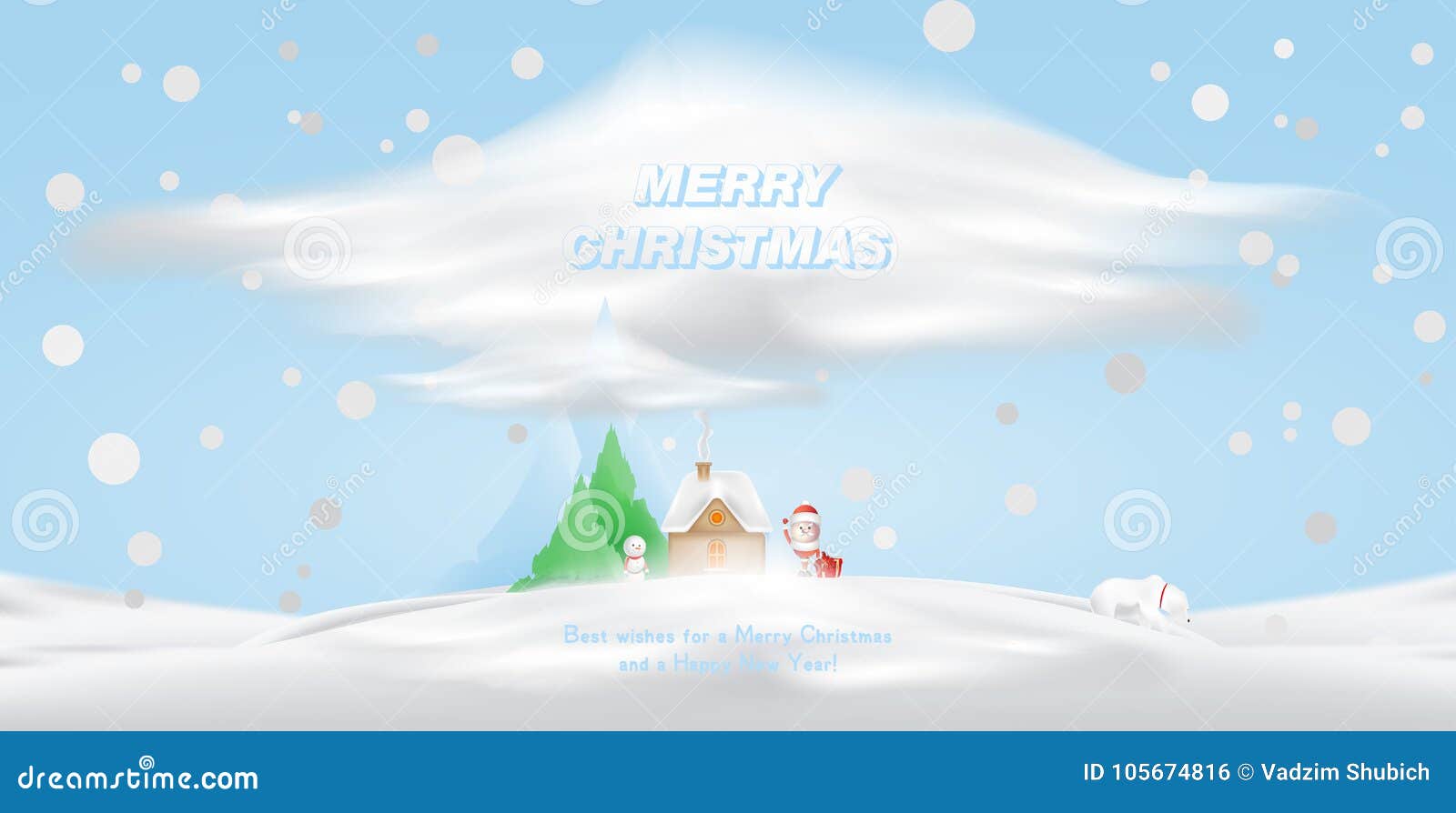 cartoon character santa claus and house in the snow against a background of mountains and a christmas tree.  for