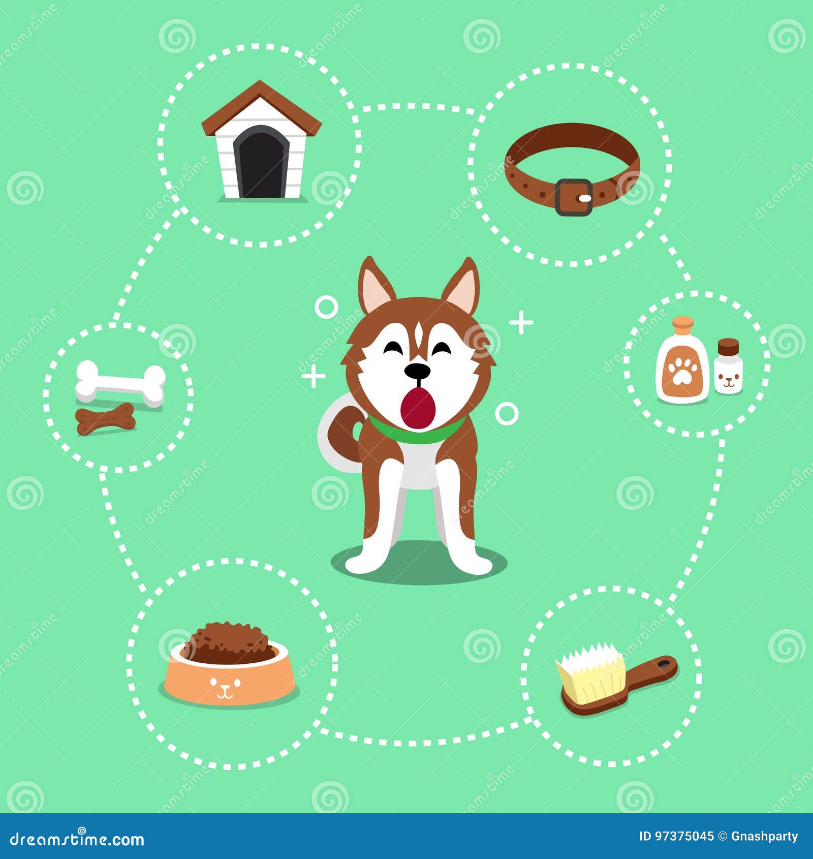 Cartoon Character Siberian Husky Dog and Accessories Stock Vector