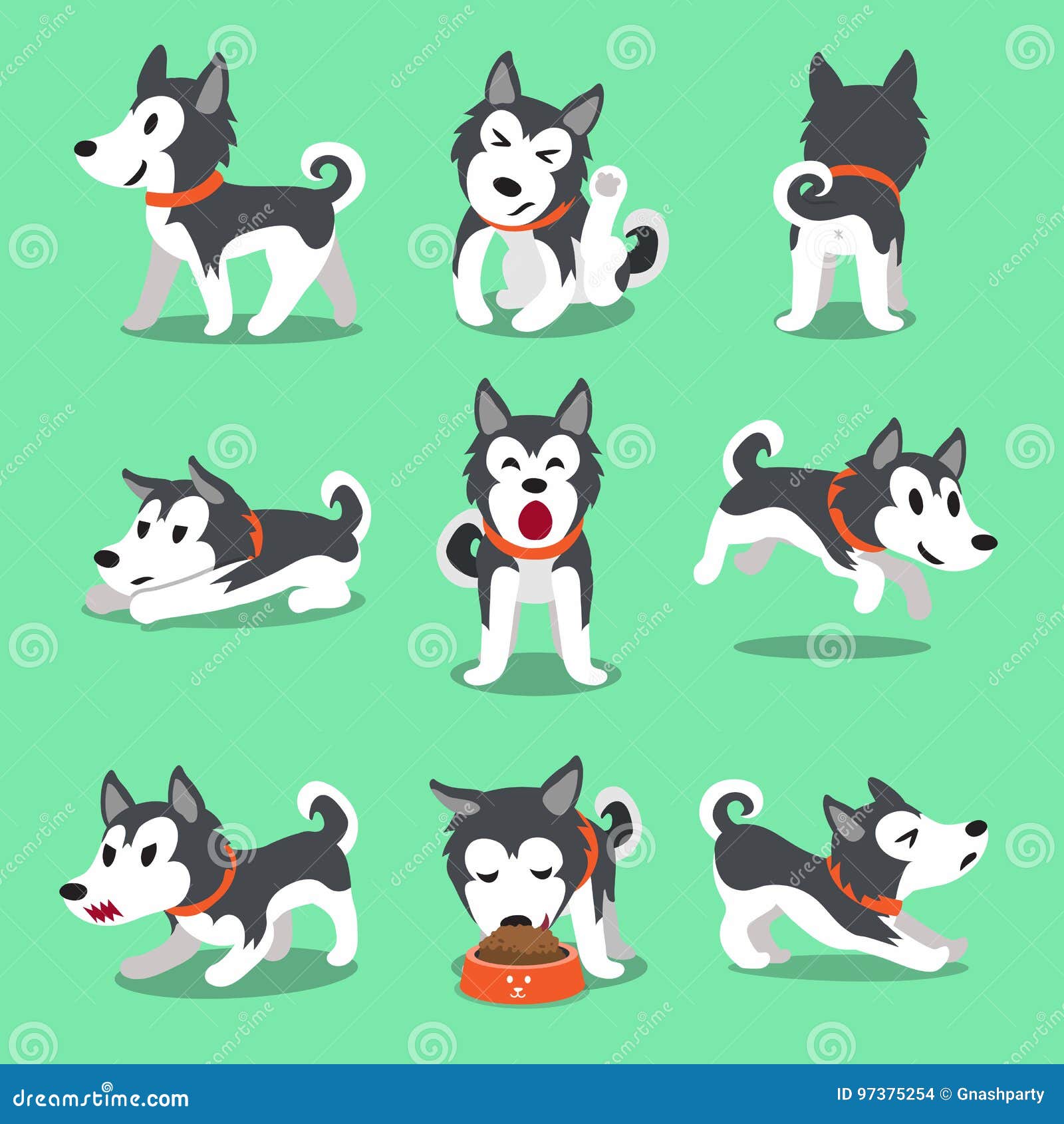 cartoon character siberian husky dog poses