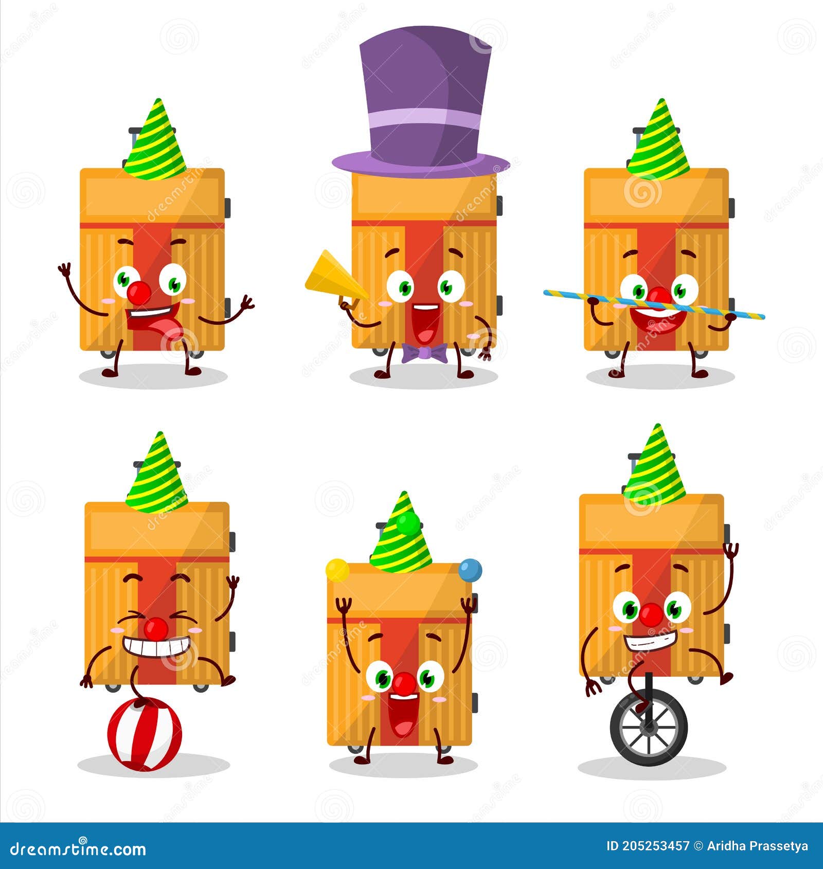 cartoon character of yellow lugage with various circus shows