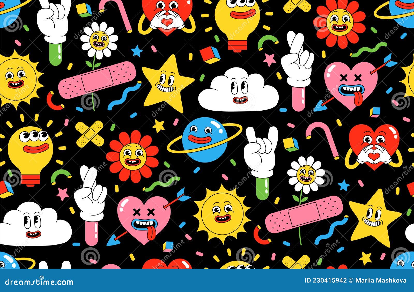 Cartoon Characters Background. Seamless Pattern with Funny Stickers and  Patches in Trendy Retro Cartoon Style. Stock Vector - Illustration of  geometric, character: 230415942