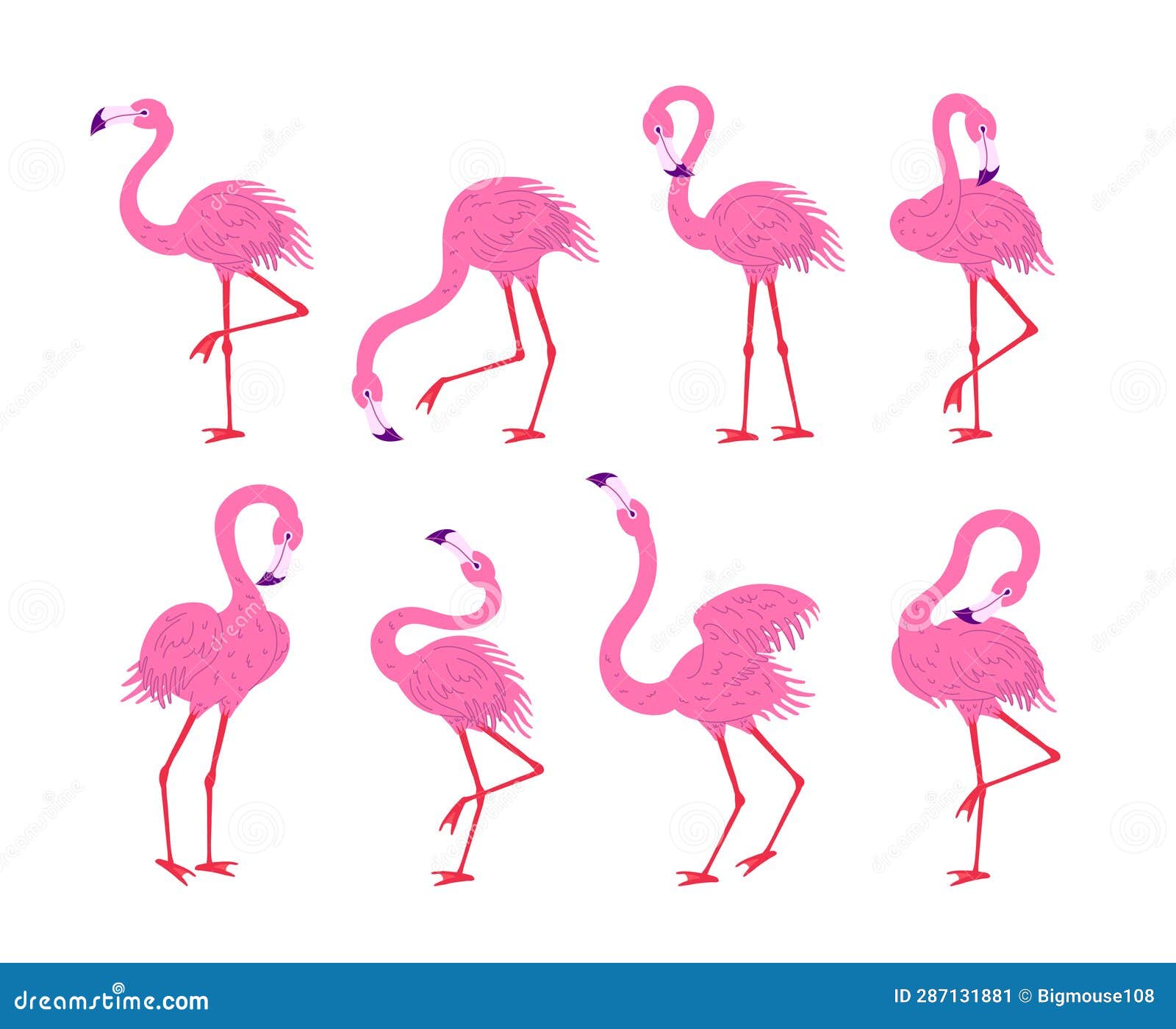 Cartoon Characters Cute Pink Flamingos Set. Vector Stock Illustration ...