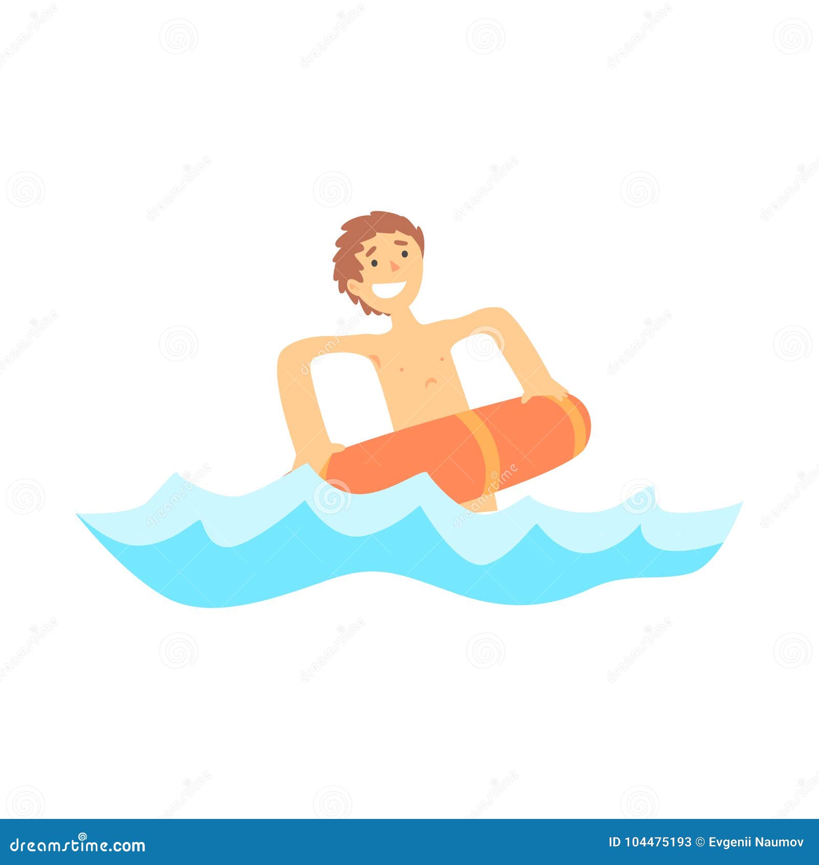 Happy Boy Having Fun with Red Rubber Swim Ring in the Sea. Stock Vector ...