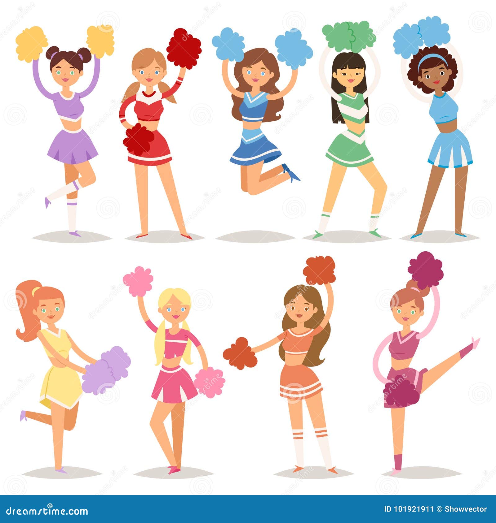 Overjoyed young woman in uniform dancing with pompons. Smiling girl in  sportswear cheering at game. Cheerleading concept. Vector illustration.  17621125 Vector Art at Vecteezy