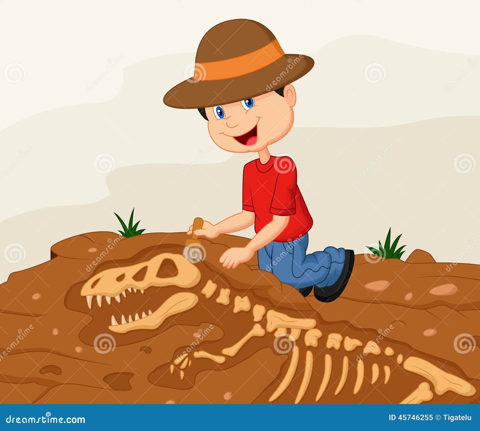 Cartoon Child Archaeologist Excavating for Dinosaur Fossil Stock Vector -  Illustration of skeleton, animal: 45746255