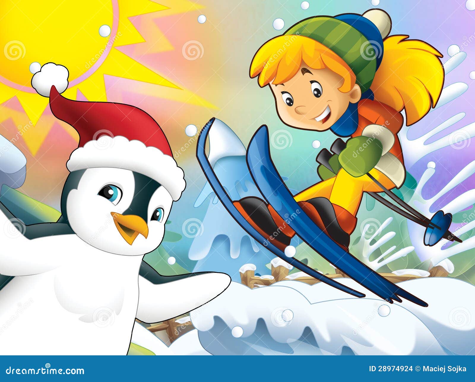The cartoon child downhill jump with christmas characters