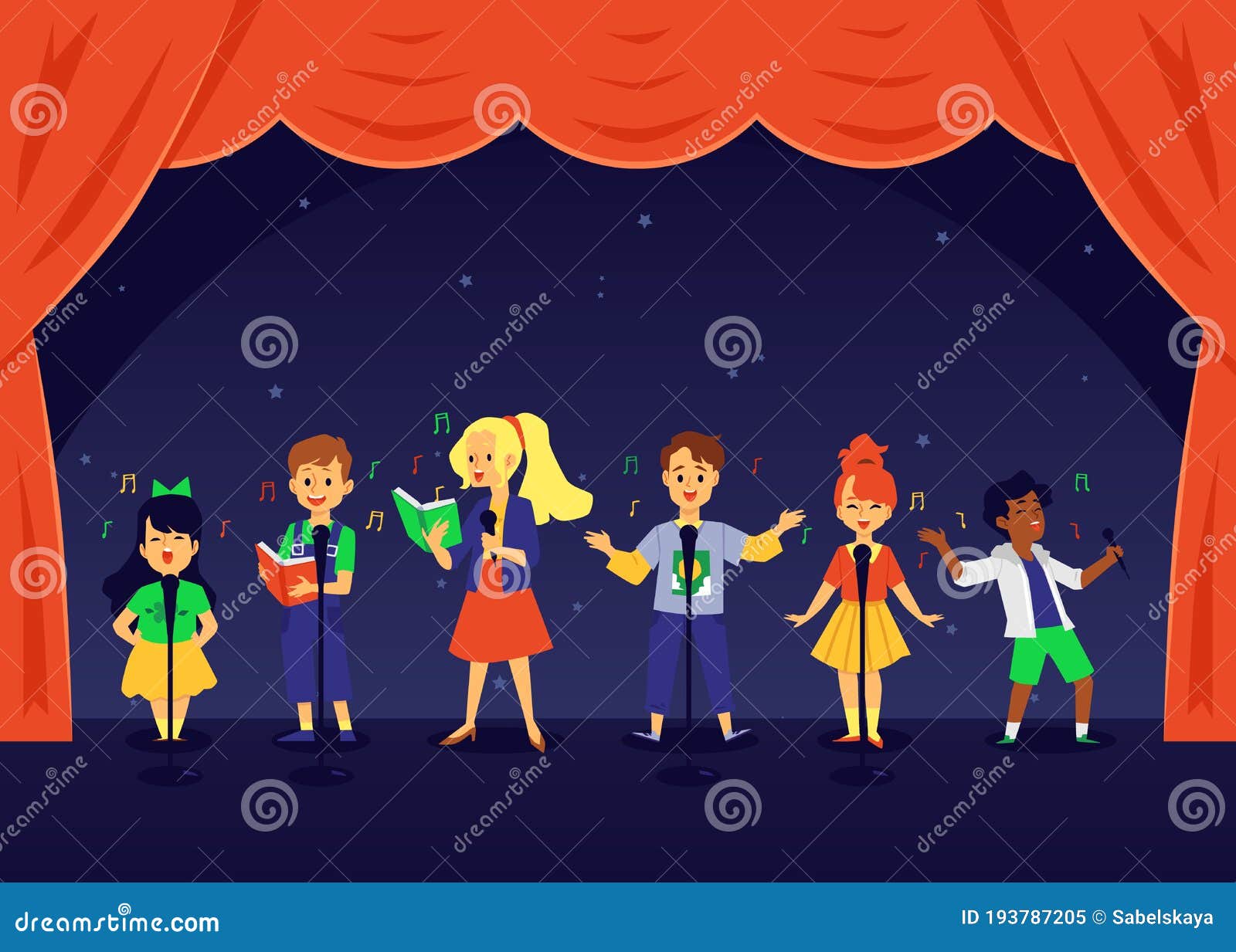Cartoon Children Choir Singing a Song on Theater Stage with Red Curtains. Stock Vector - Illustration of cute, singer: 193787205 Cartoon Children Choir Singing a Song on Theater Stage with Red Curtains. Stock Vector - Illustration of cute, singer: 193787205
