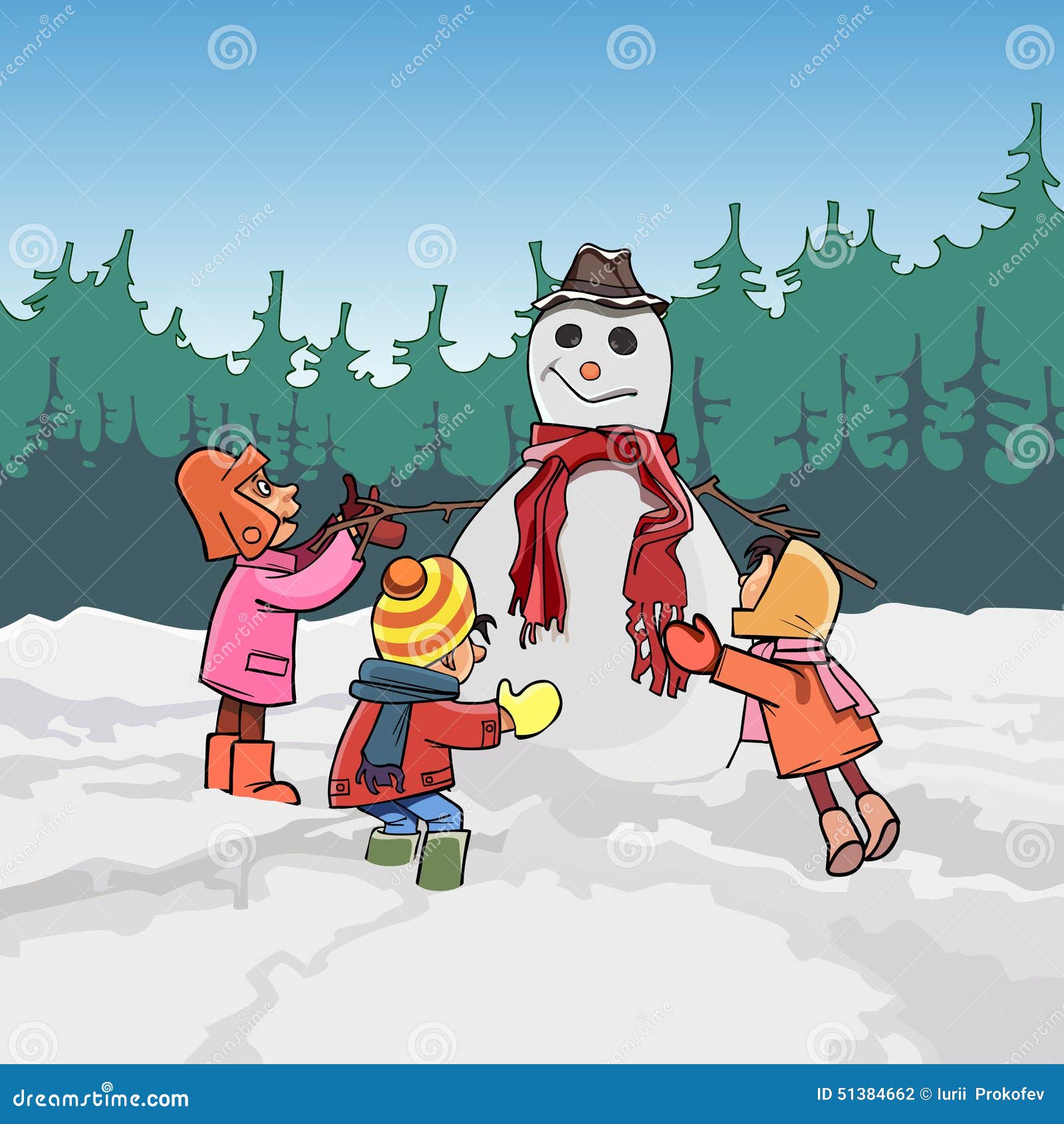 Cartoon Children Mold The Snowman In Winter Stock Vector Cartoon Children Mold The Snowman In Winter Stock Vector