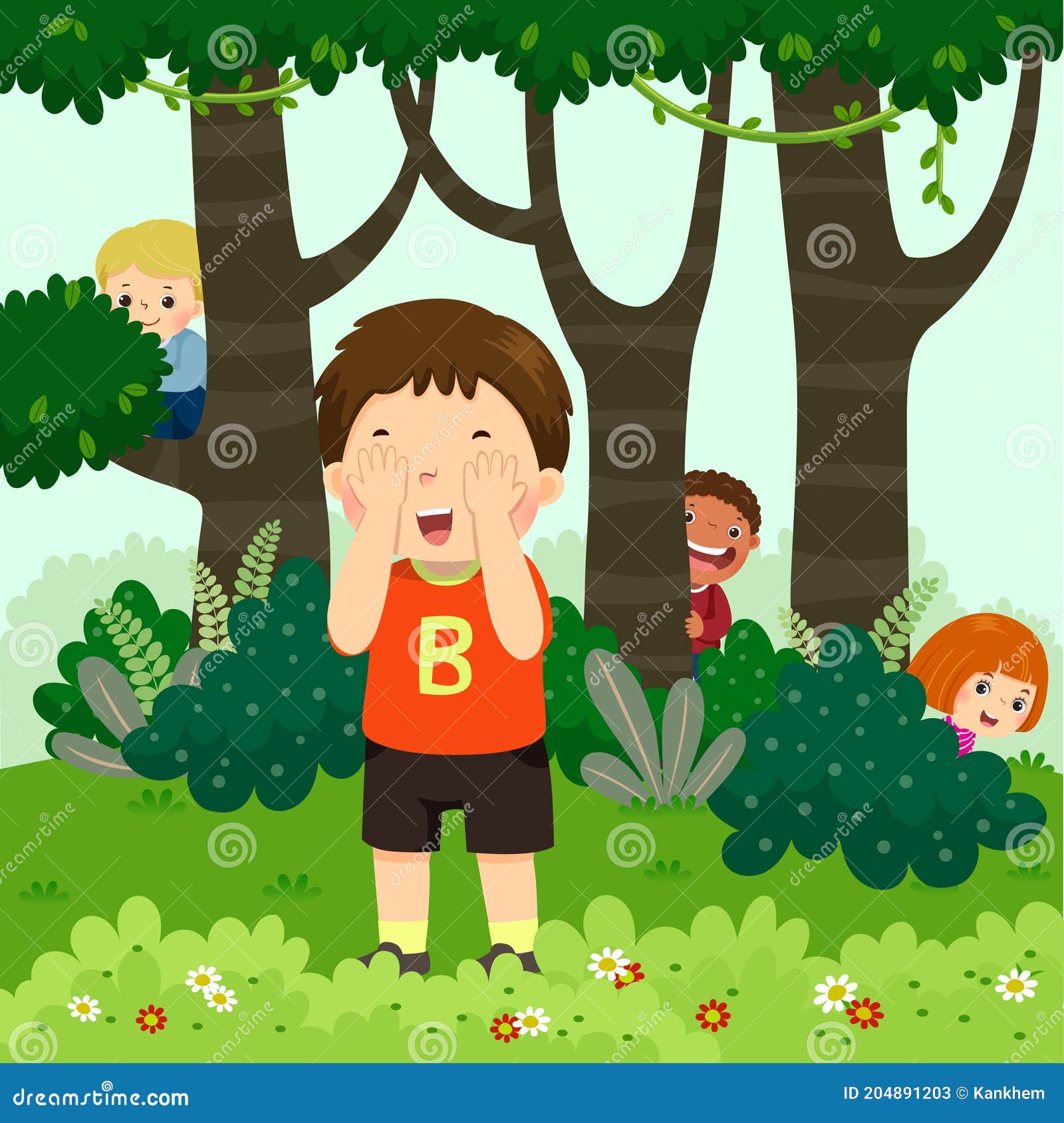 cartoon of children playing hide and seek in the park