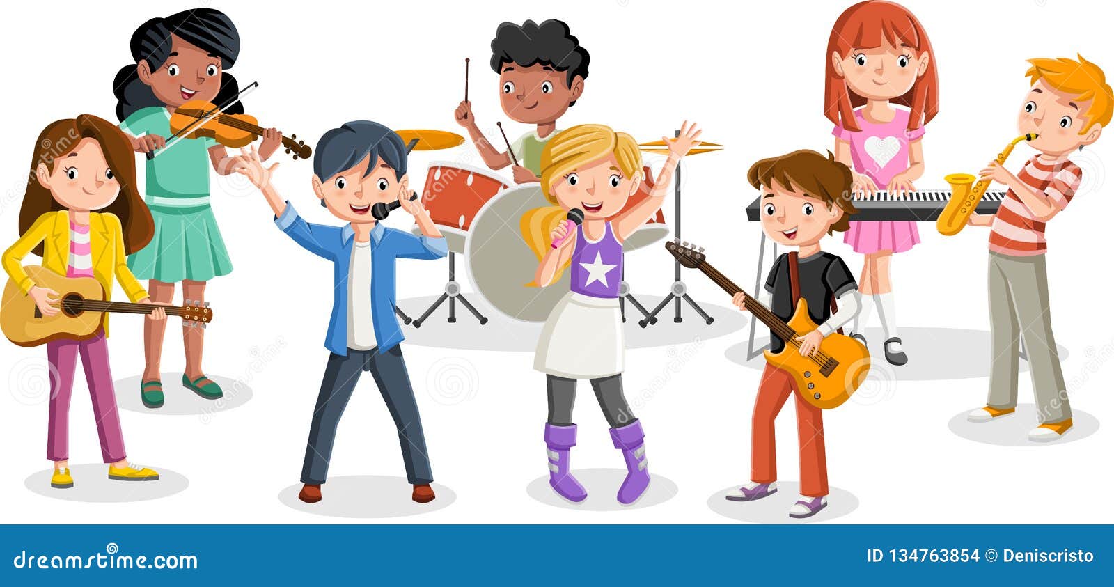 Cartoon Children Playing on a Rock`n`roll Band Stock Vector