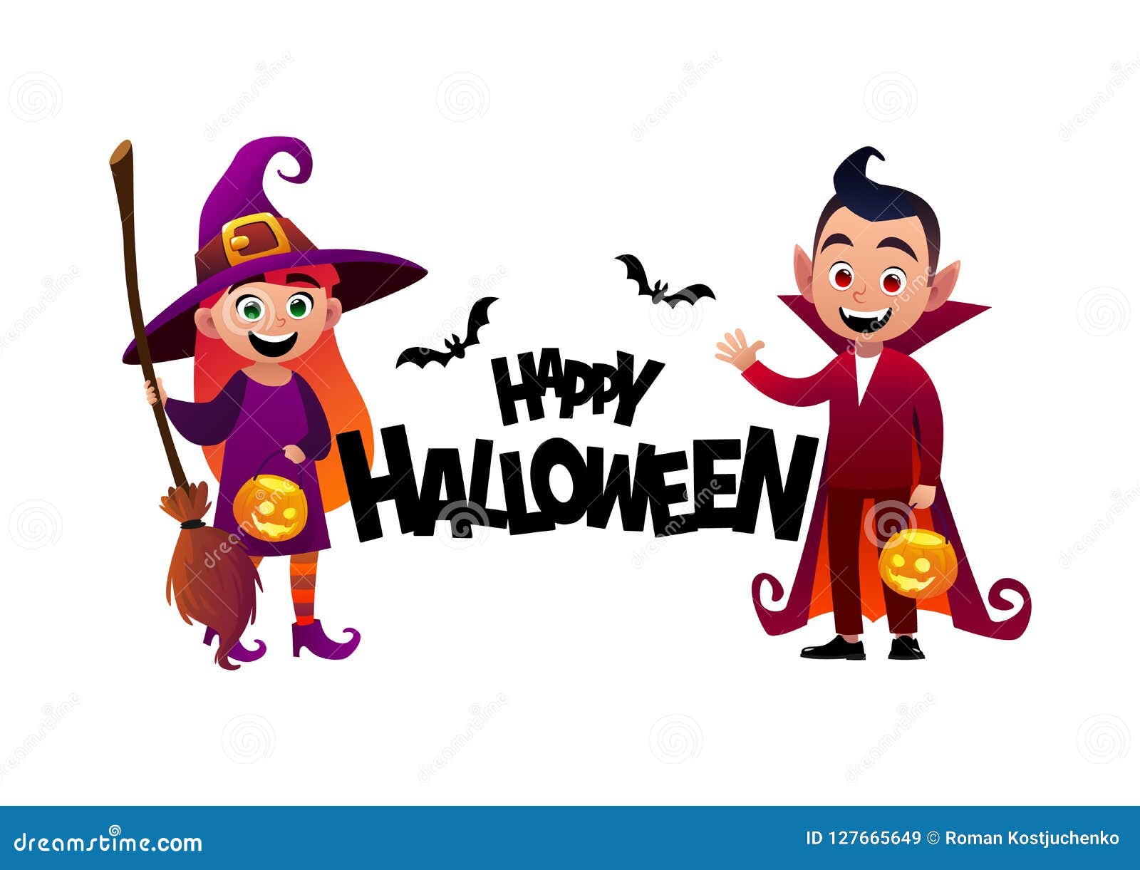 Cartoon Children Witch and Vampire Costume Happy Halloween Stock Vector -  Illustration of castle, nature: 127665649