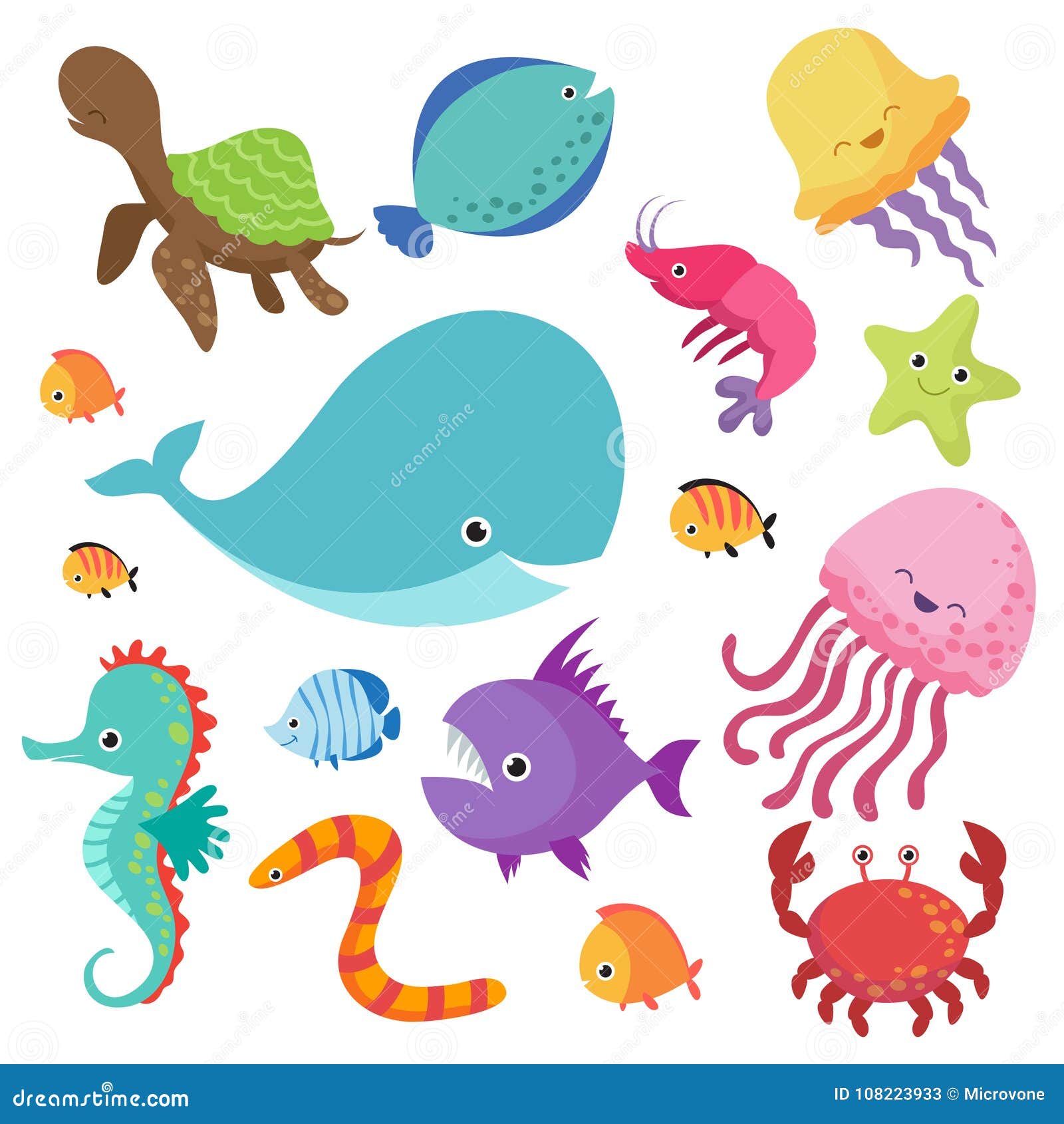 Cartoon Childrens Aquarium and Wild Sea Fishes Vector Set Stock Vector -  Illustration of group, graphic: 108223933