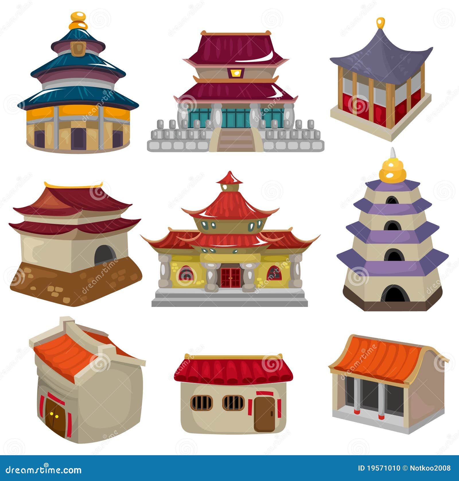 Cartoon Chinese House Icon Set Stock Vector Illustration 