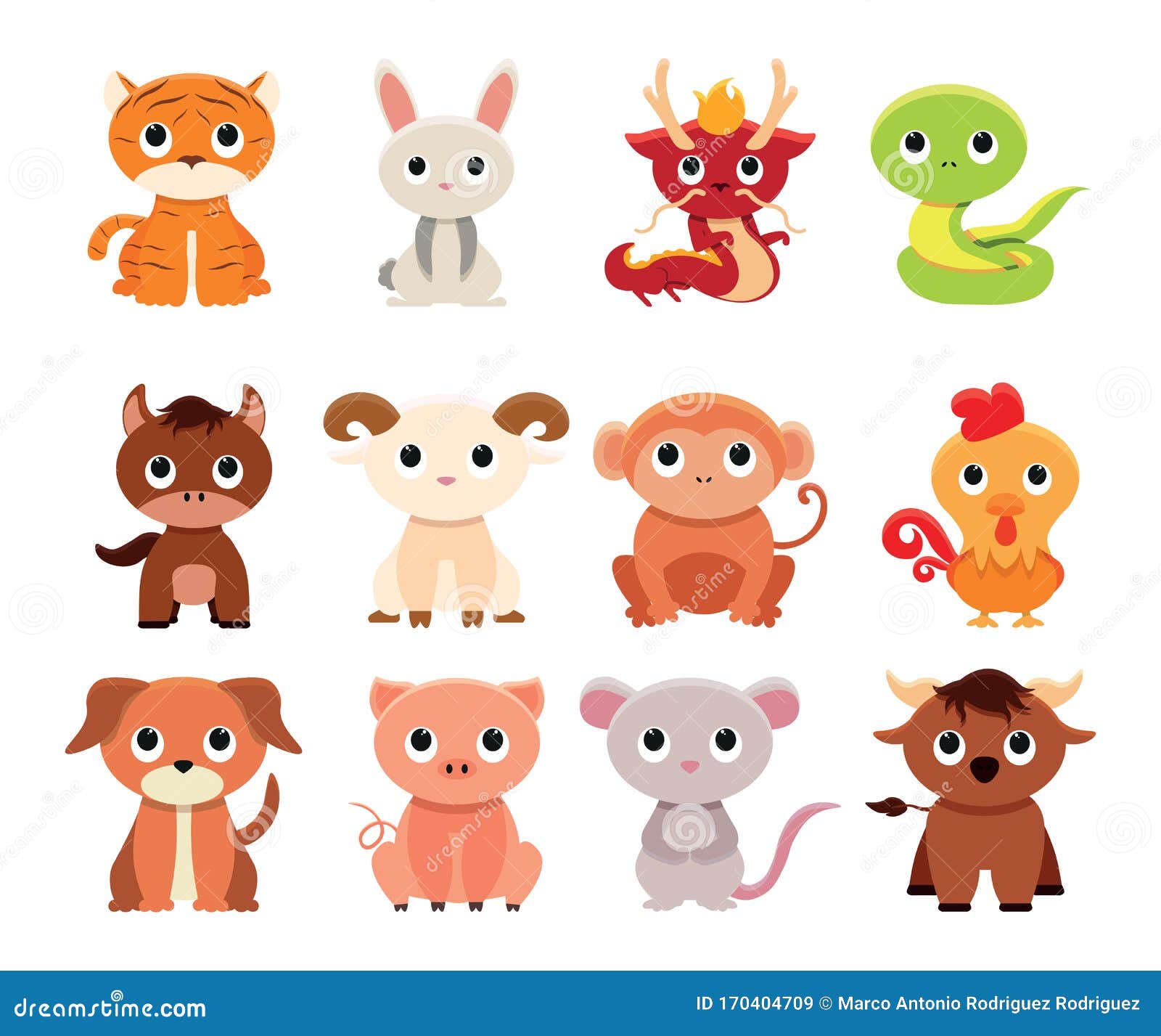 Cartoon Chinese Zodiac Animals Isolated Stock Illustration - Illustration  of animated, cute: 170404709