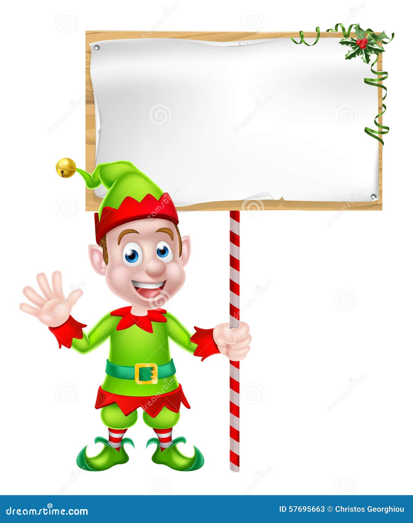 Cartoon Christmas Elf or Santa Christmas helper holding a blank sign.