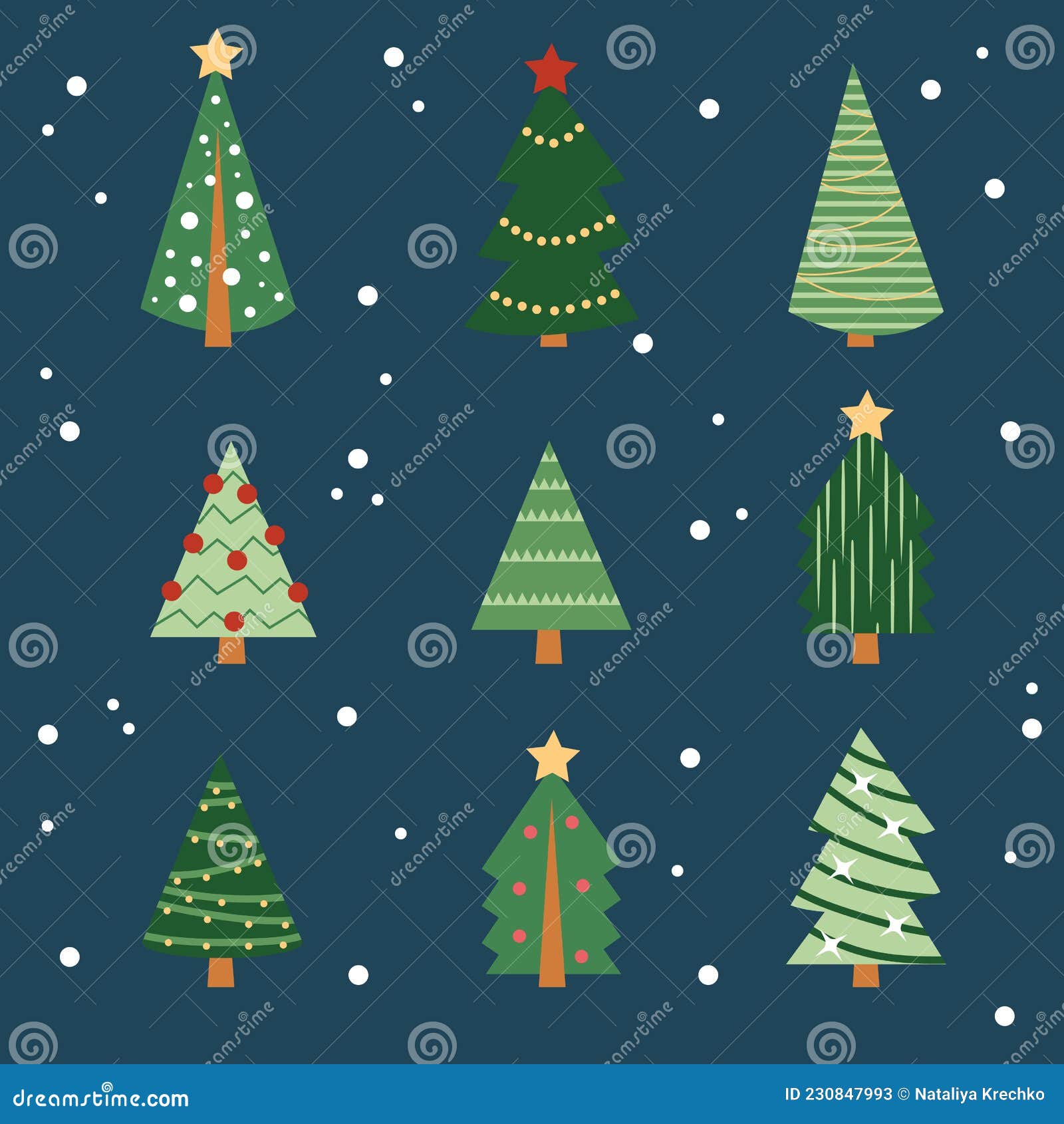 Cartoon Christmas Tree Set on Dark Blue Background Stock Vector ...