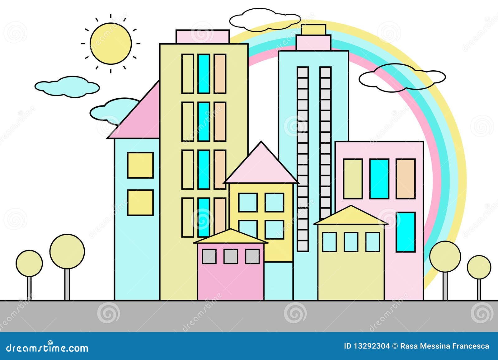 Flat Vector Cartoon Illustration Of Hand Drawing Urban Landscape With  Skyline, City Office Buildings And Family Houses In Small Town Village In  Background. Isolated And Layered Doodle Line Sketch. Royalty Free SVG,