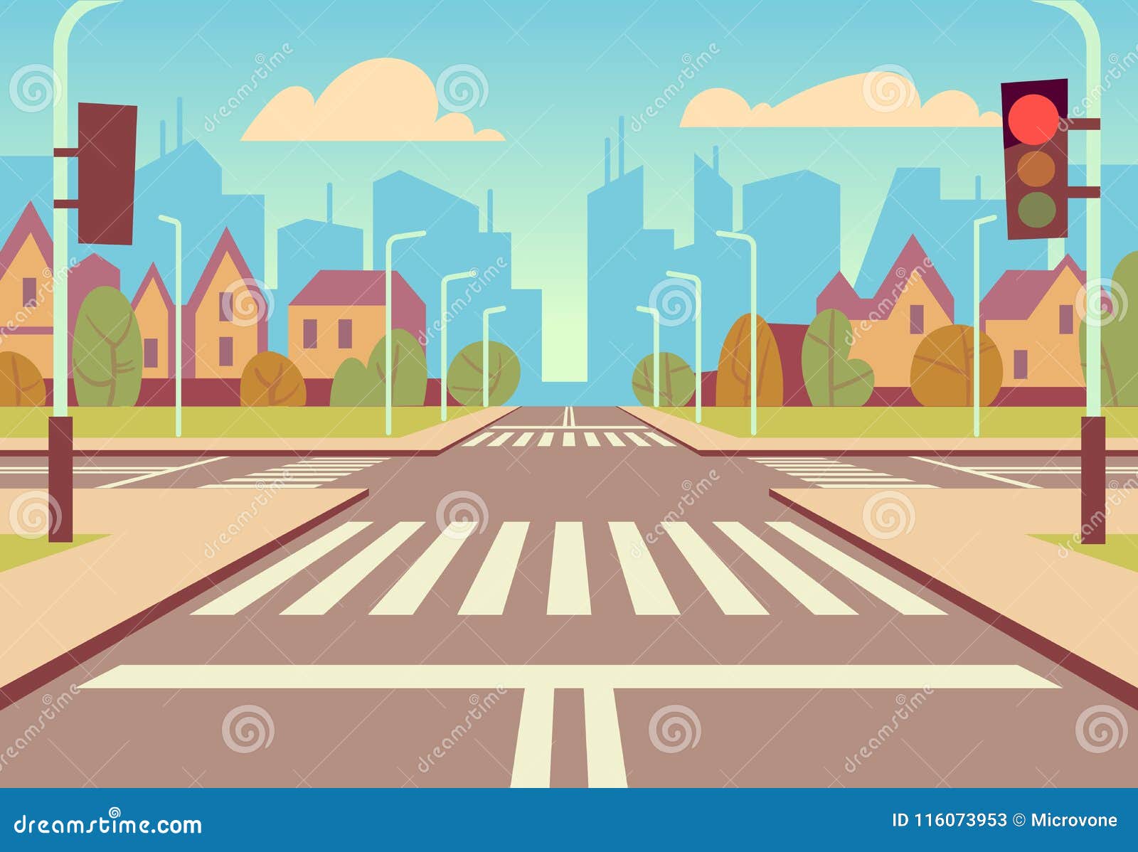 cartoon city crossroads with traffic lights, sidewalk, crosswalk and urban landscape. empty roads for car traffic 