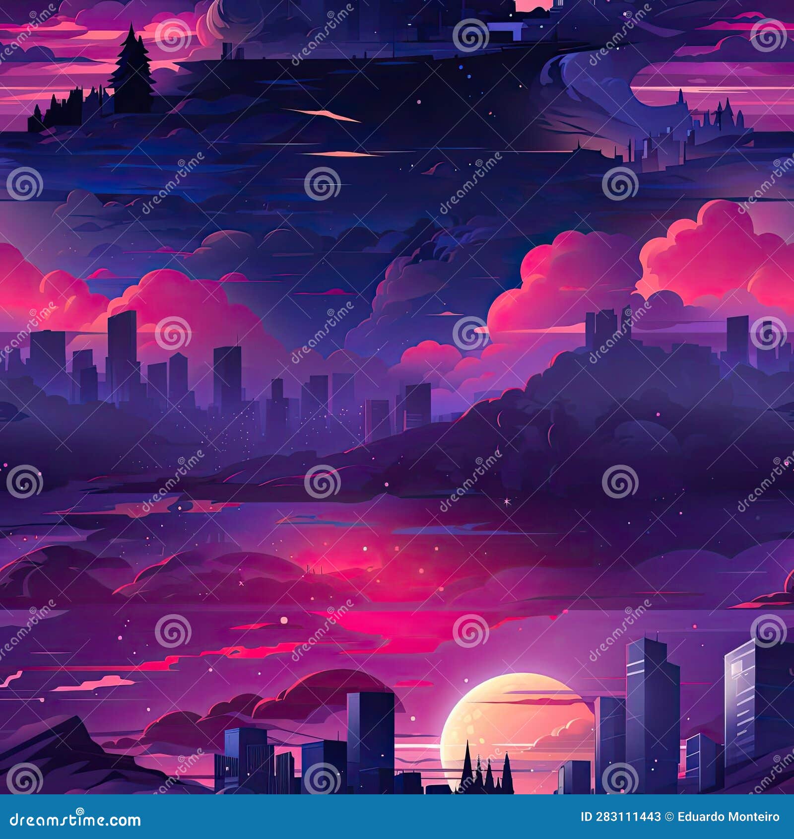 Cartoon City Landscape with a Pink Sky, in Dreamlike Style (tiled ...