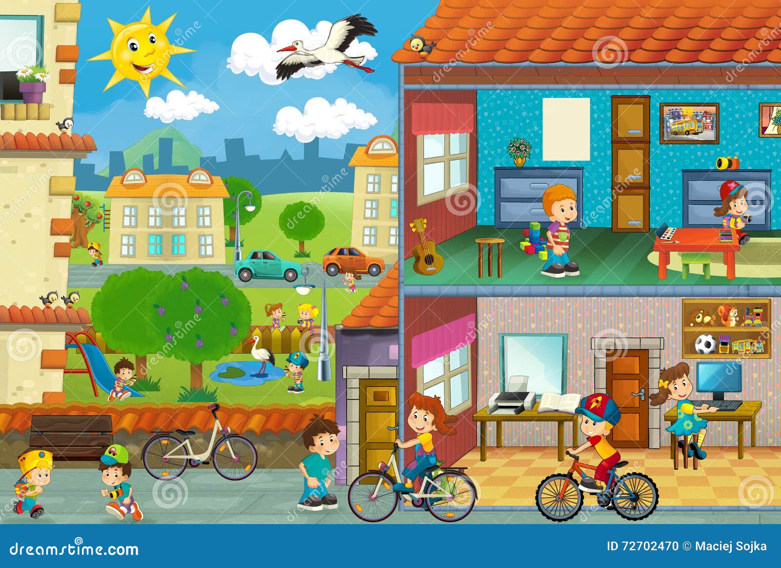 cartoon city scene cut image house playground happy colorful traditional illustration children 72702470