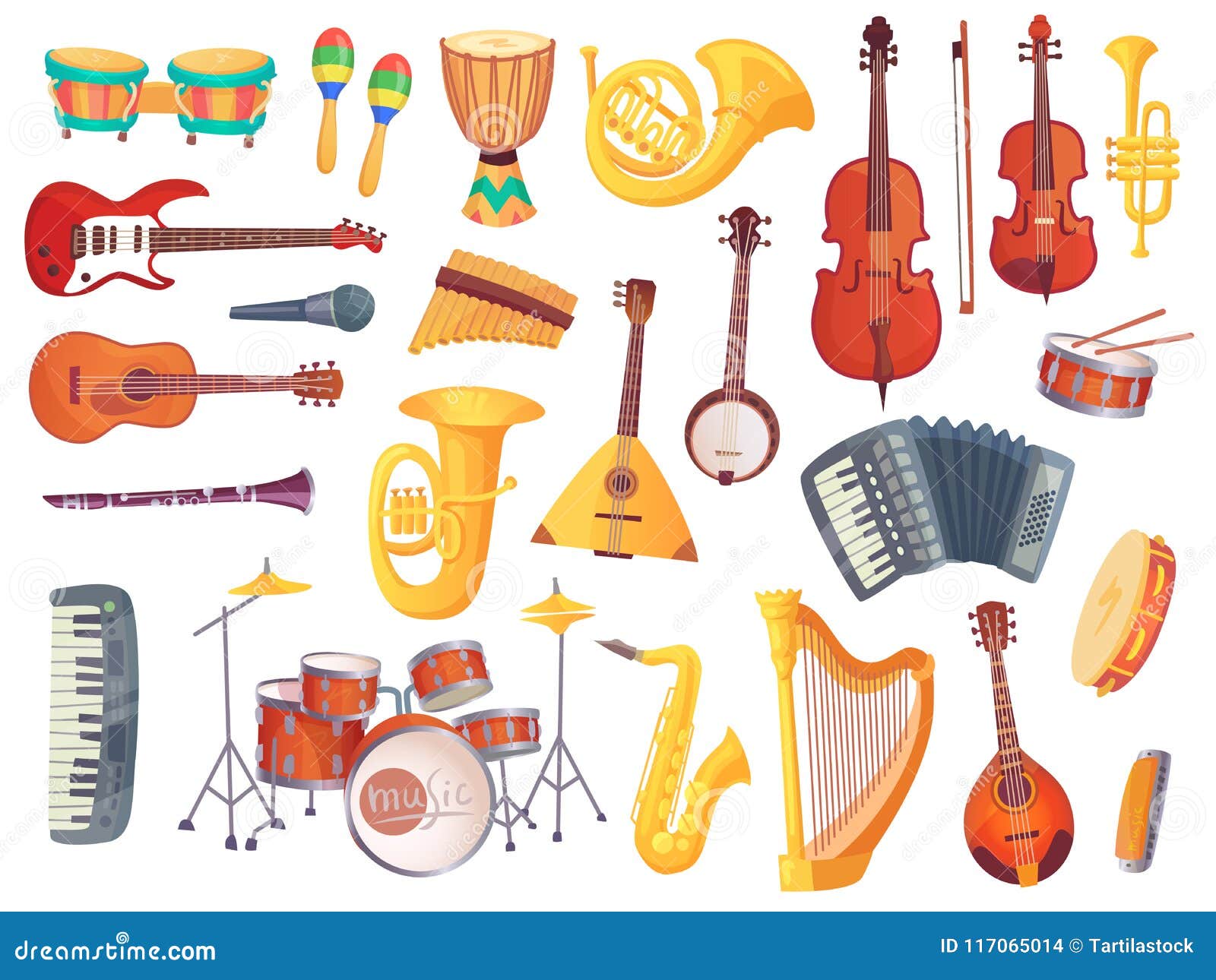cartoon musical instruments, guitars, bongo drums, cello, saxophone, microphone, drum kit . music instrument