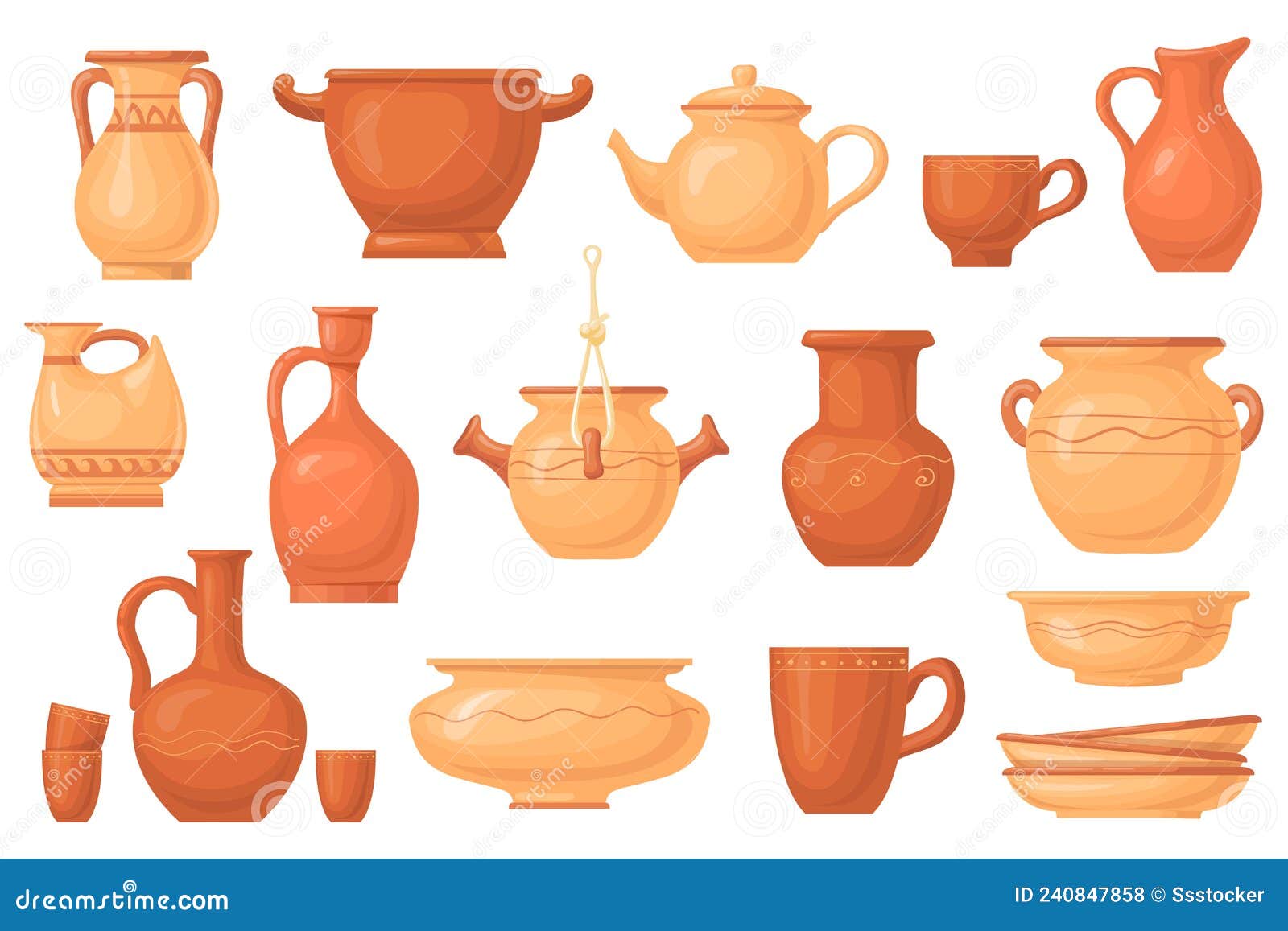 cartoon clay crockery. antique ceramico utensils, brown earthenware pot dish vessels cup jug bowl, ancient ceramic
