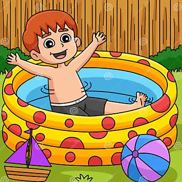 Boy in Swimming Pool Summer Colored Cartoon Stock Vector - Illustration ...
