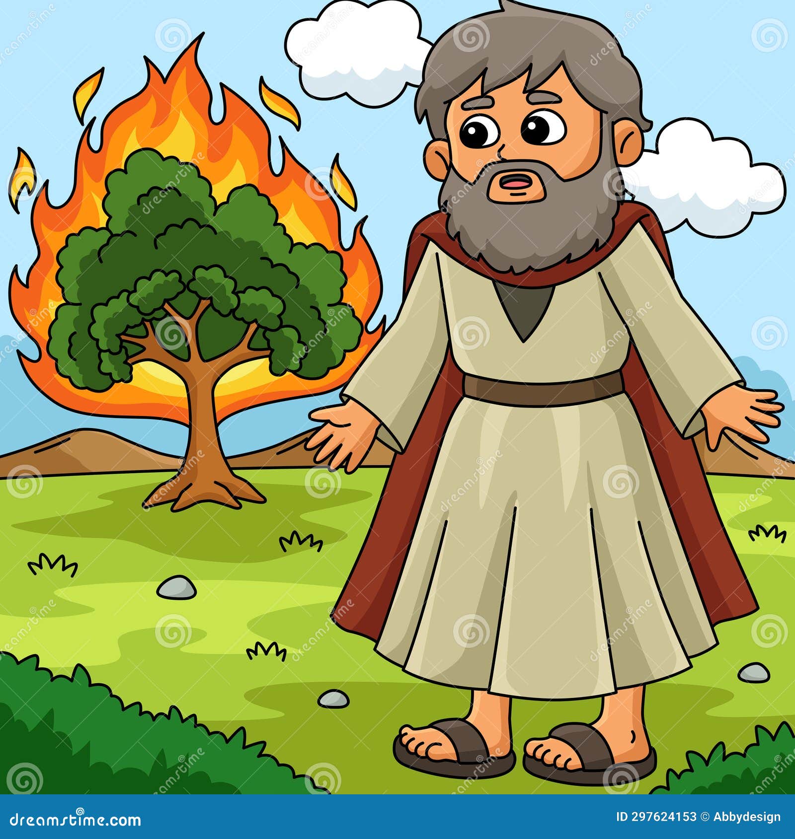 Christian Moses And Burning Bush Colored Cartoon Stock Vector Illustration Of Biblical Bible 