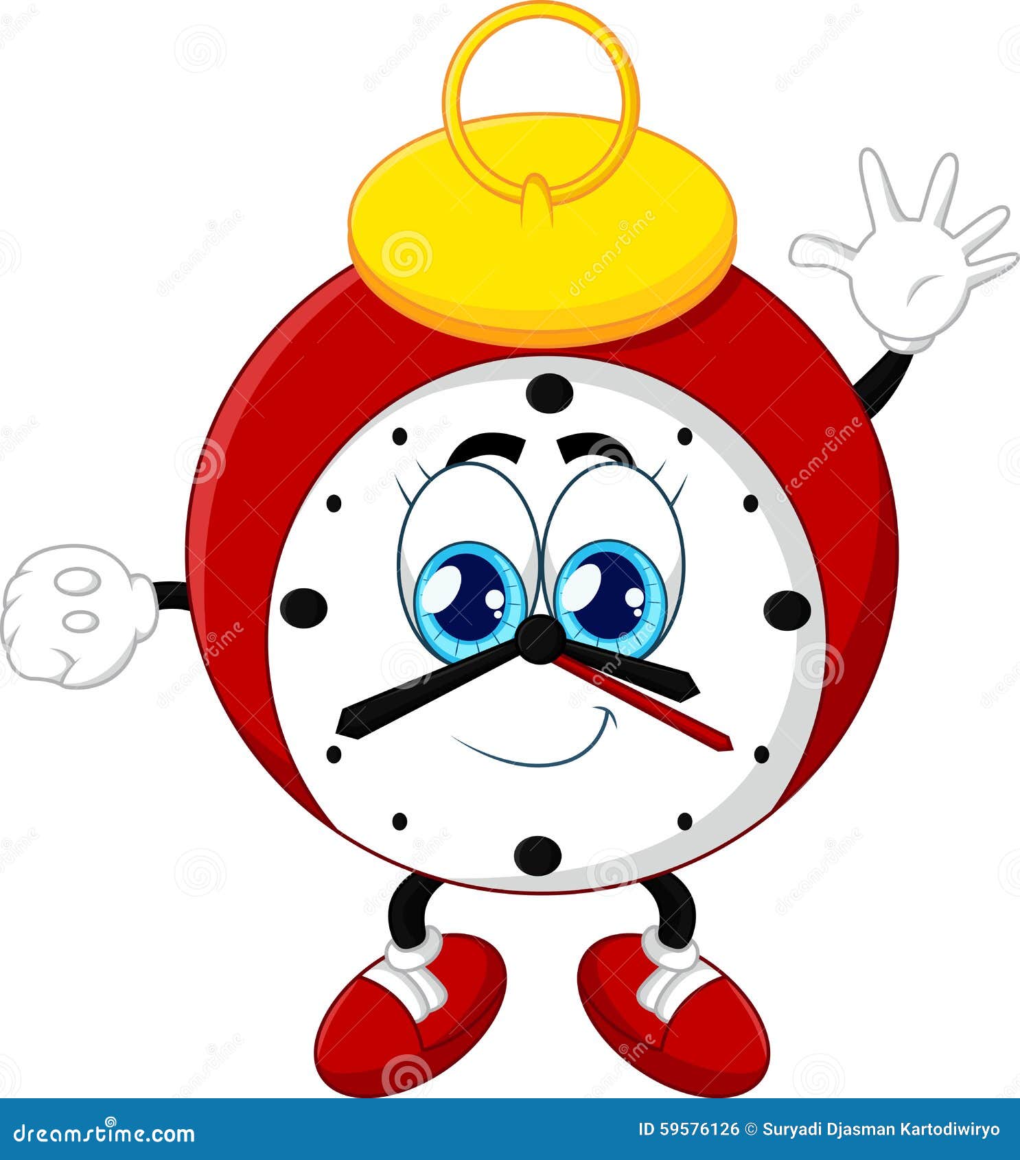 Cartoon Clock Waving Hand on White Background Stock Vector