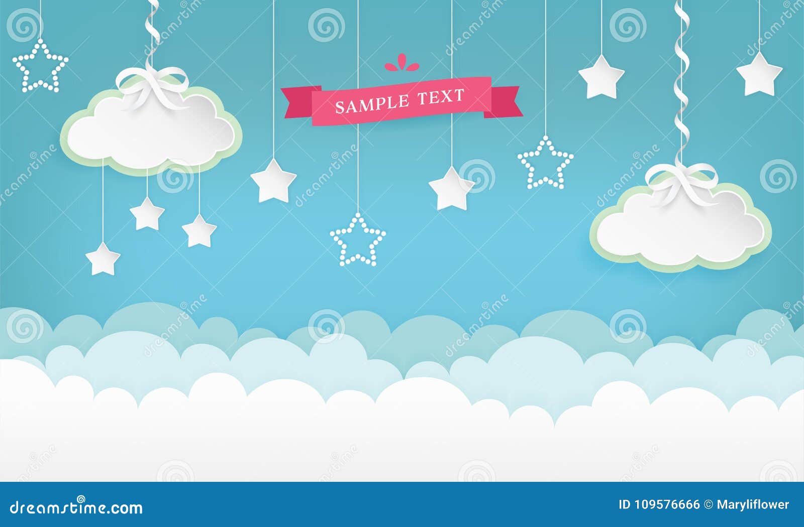 Cartoon cloudscape background with stars. Clouds with satin ribbon and bow. Vector illustration.