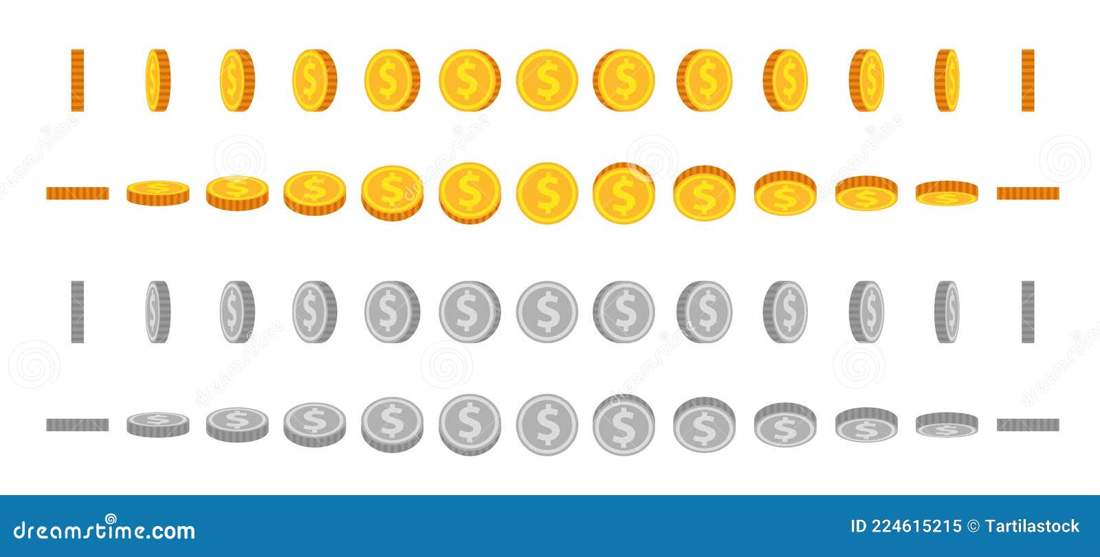 cartoon coin animation sprites. gold and silver coins flip and rotate. round dollar for animated game. money icon in