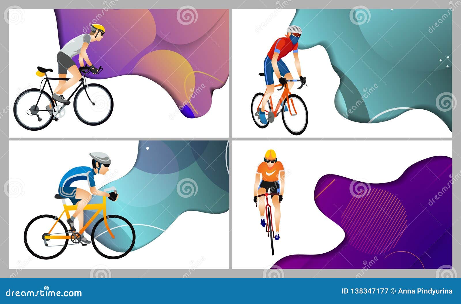cartoon collection of men with different types of bicycles