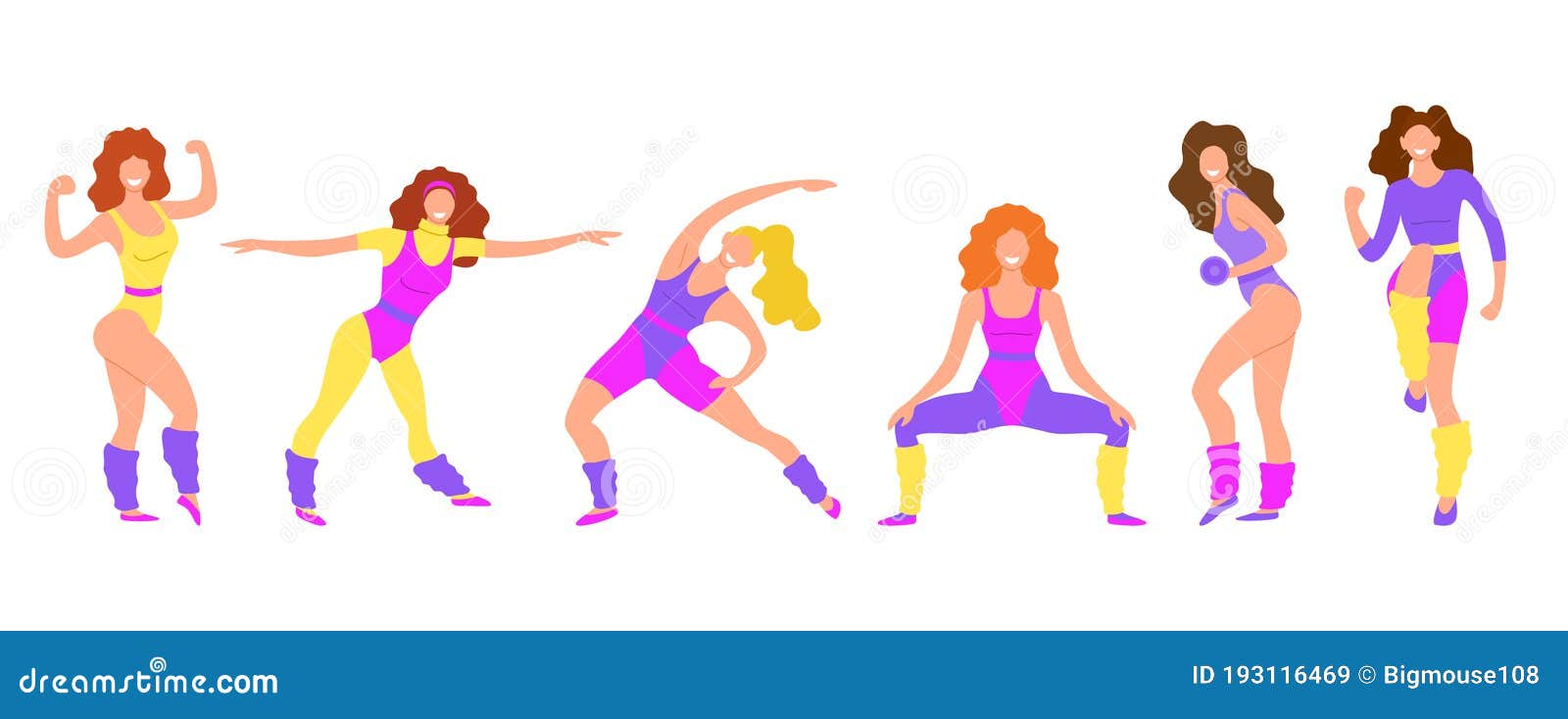 Cartoon Color Character Person Eighties Girl Aerobics Set Concept