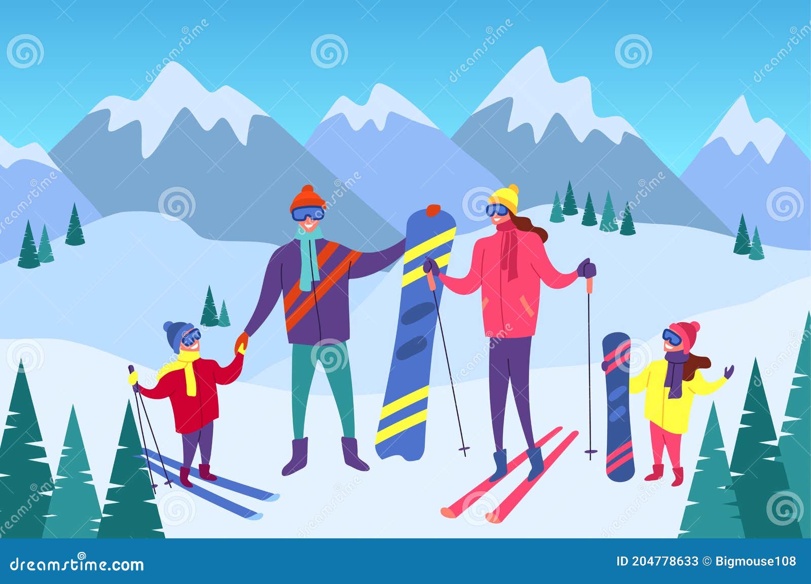 Cartoon Color Characters People Family and Skiing Snowboarding Concept ...