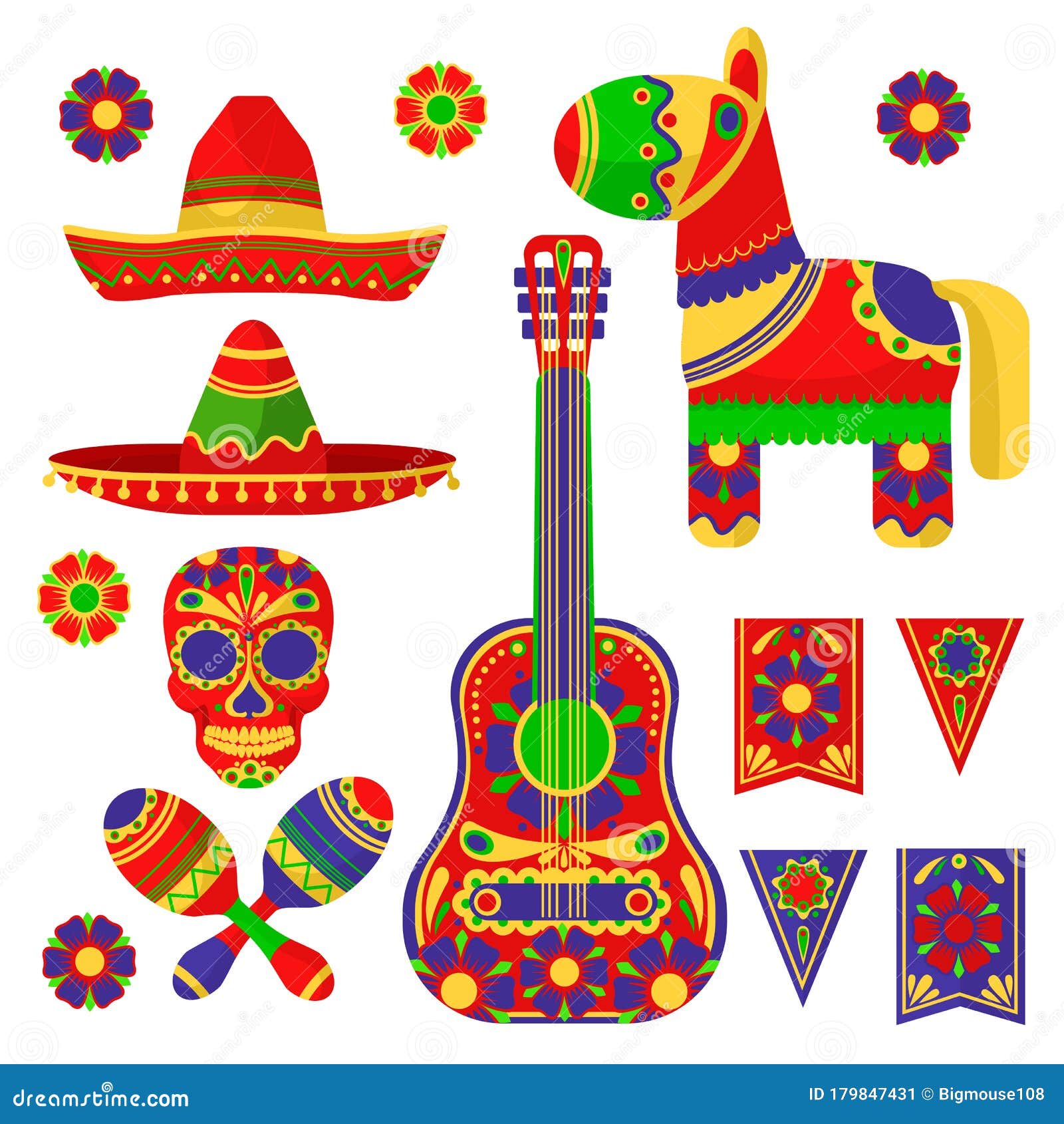 cartoon color mexican fiesta icon set. 