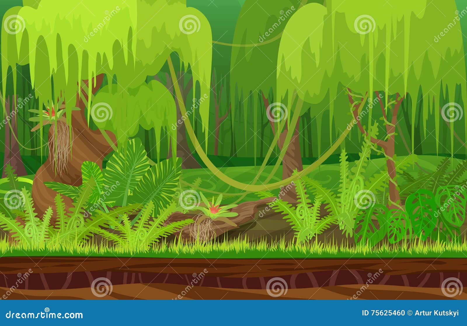 Cartoon Color Nature Tropical Rain Jungle Forest Landscape in Sun Day