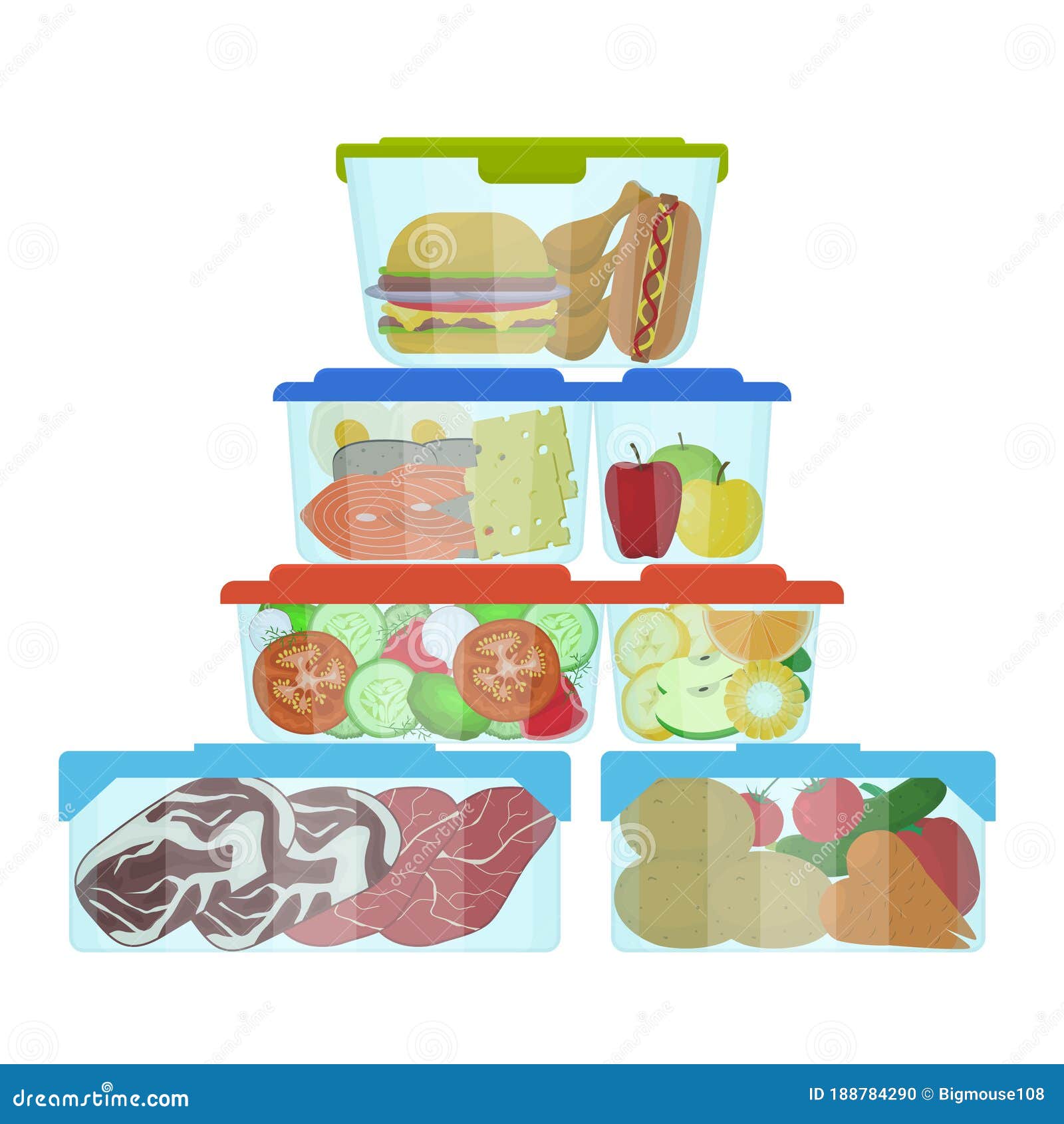 Cartoon Color Plastic Containers with Food Set. Vector Stock Vector