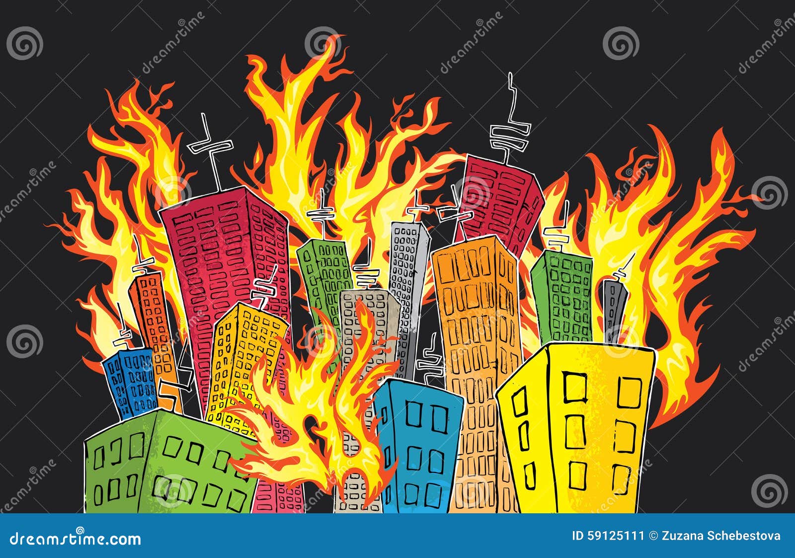 cartoon colored skyscrapper suburb catching fire