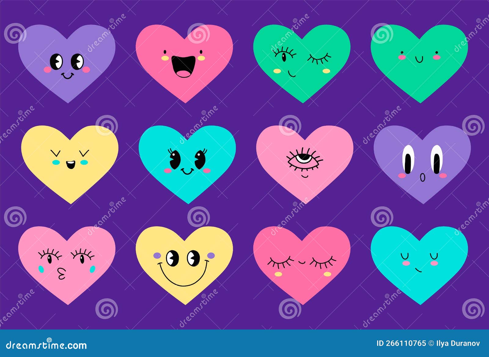 Cartoon Colorful Heart Characters with Funny Faces Emoticon. Valentine ...