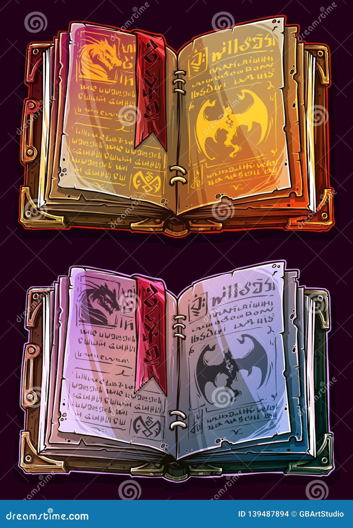 cartoon colorful open magic spell books set