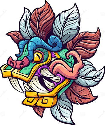Cartoon Colorful Quetzalcoatl Aztec God Head with Tongue Sticking Out ...