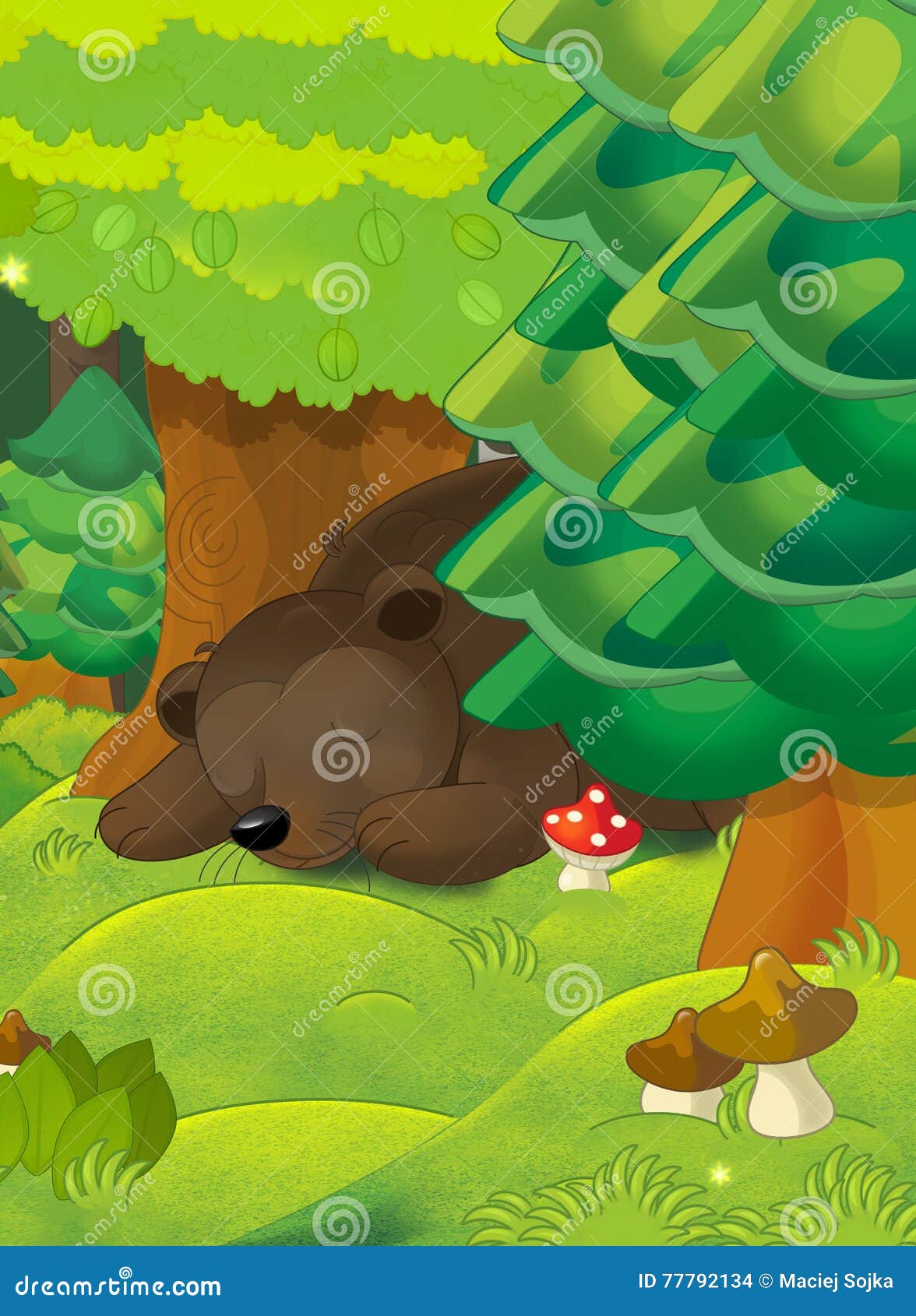 Cartoon Colorful Scene with Bear Sleeping in the Forest Stock ...