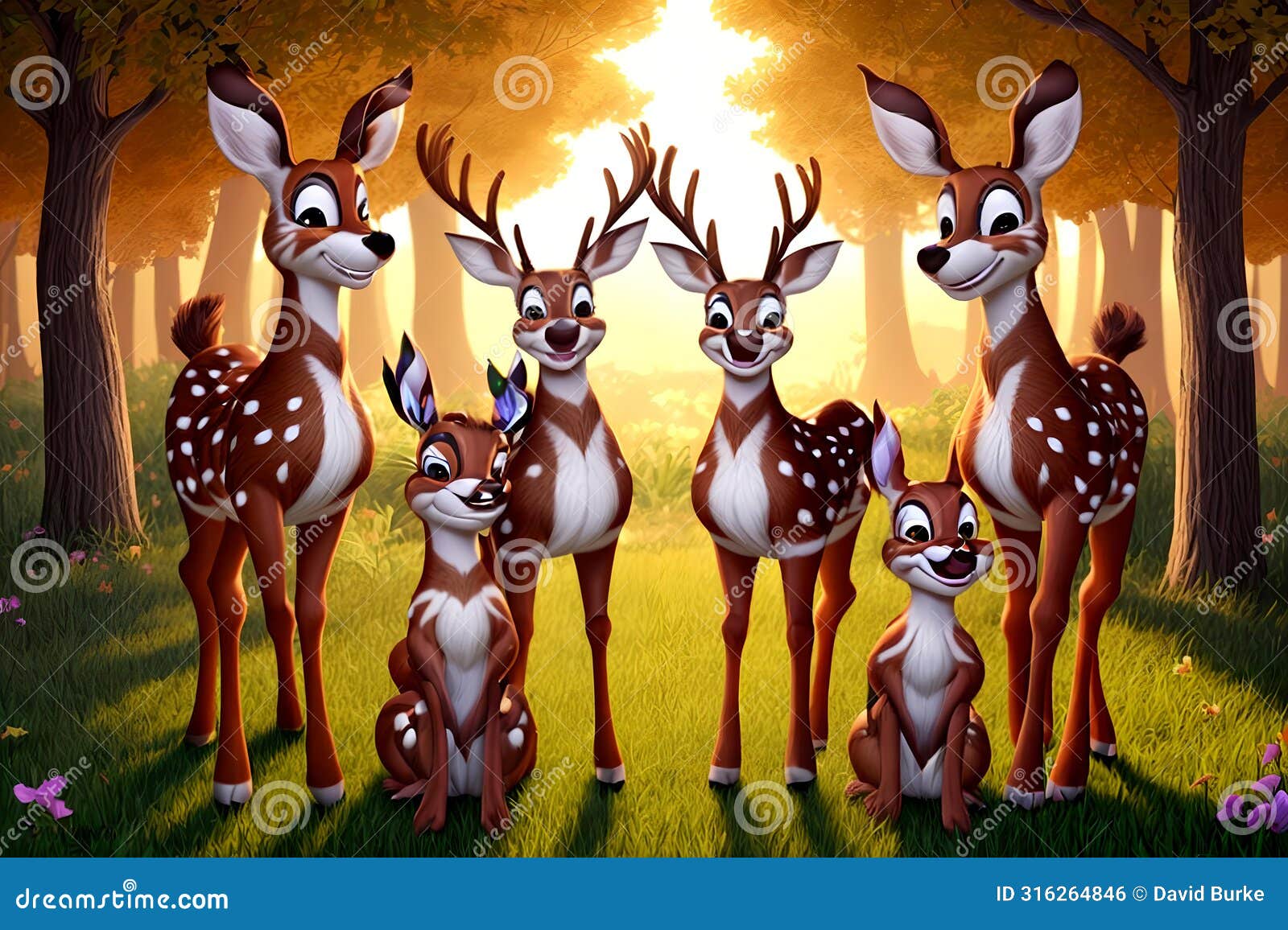 cartoon comic smile spotted red deer herd forest backlit natural habitat