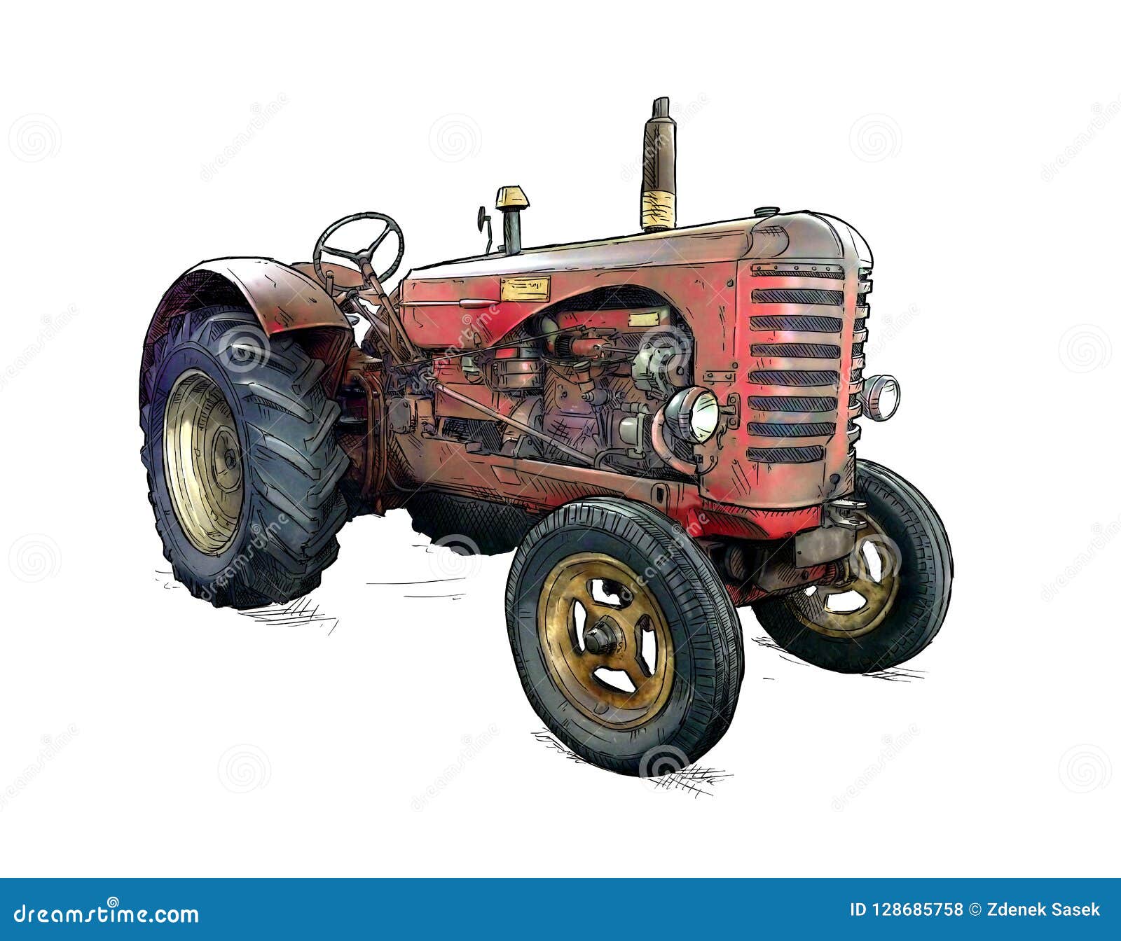 Cartoon Or Comic Style Illustration Of Old Red Tractor Stock