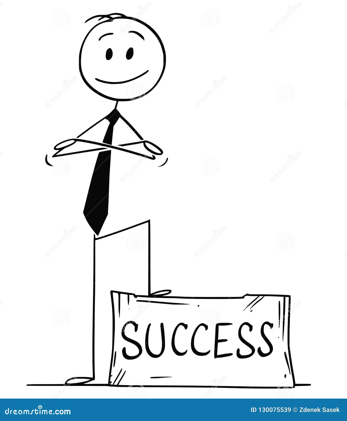 cartoon of confident man or businessman standing on ashlar with success text with arms crossed