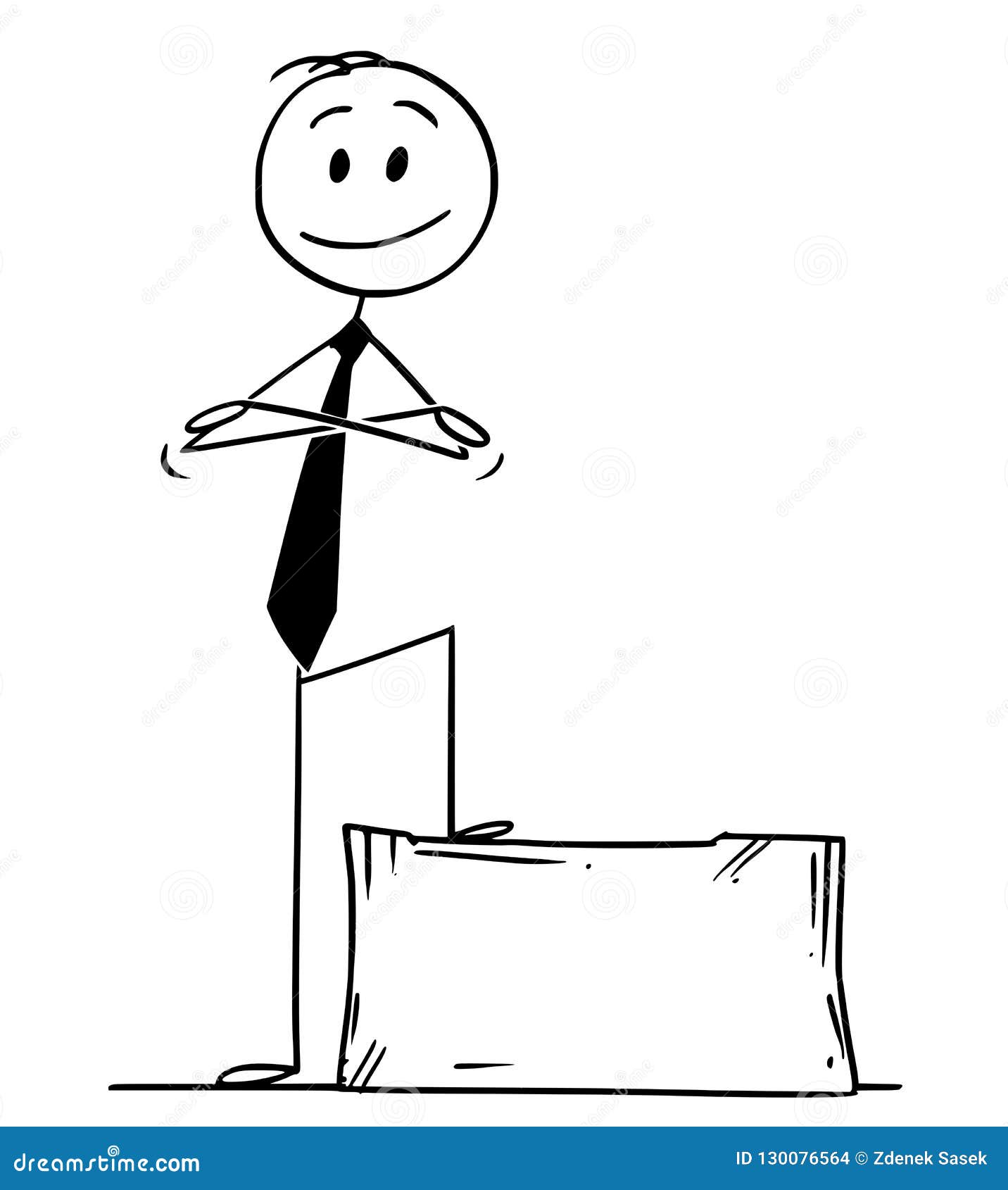 cartoon of confident man or businessman standing on stone block or ashlar with arms crossed