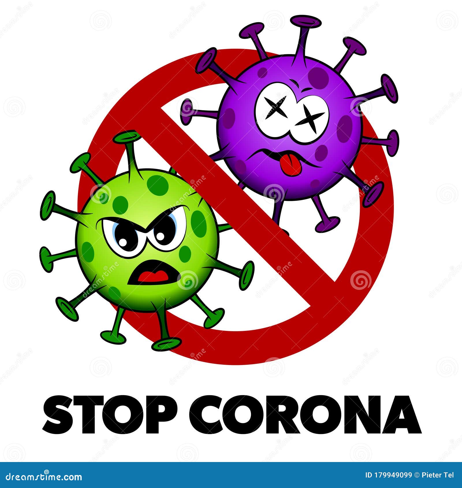 stop corona cartoon style sign, angry and dead covid-19