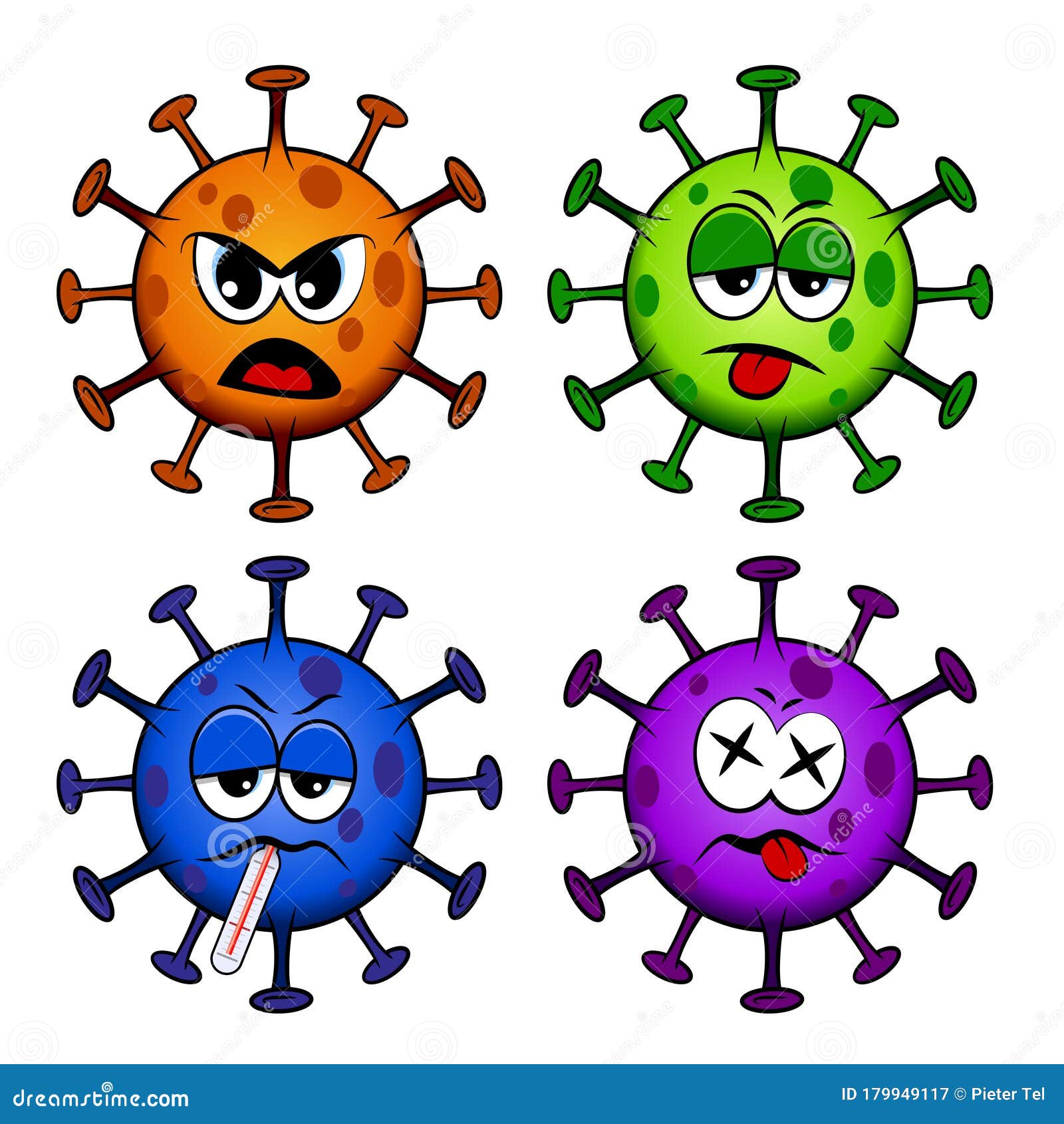 cartoon style corona / covid-19 virus with different expressions