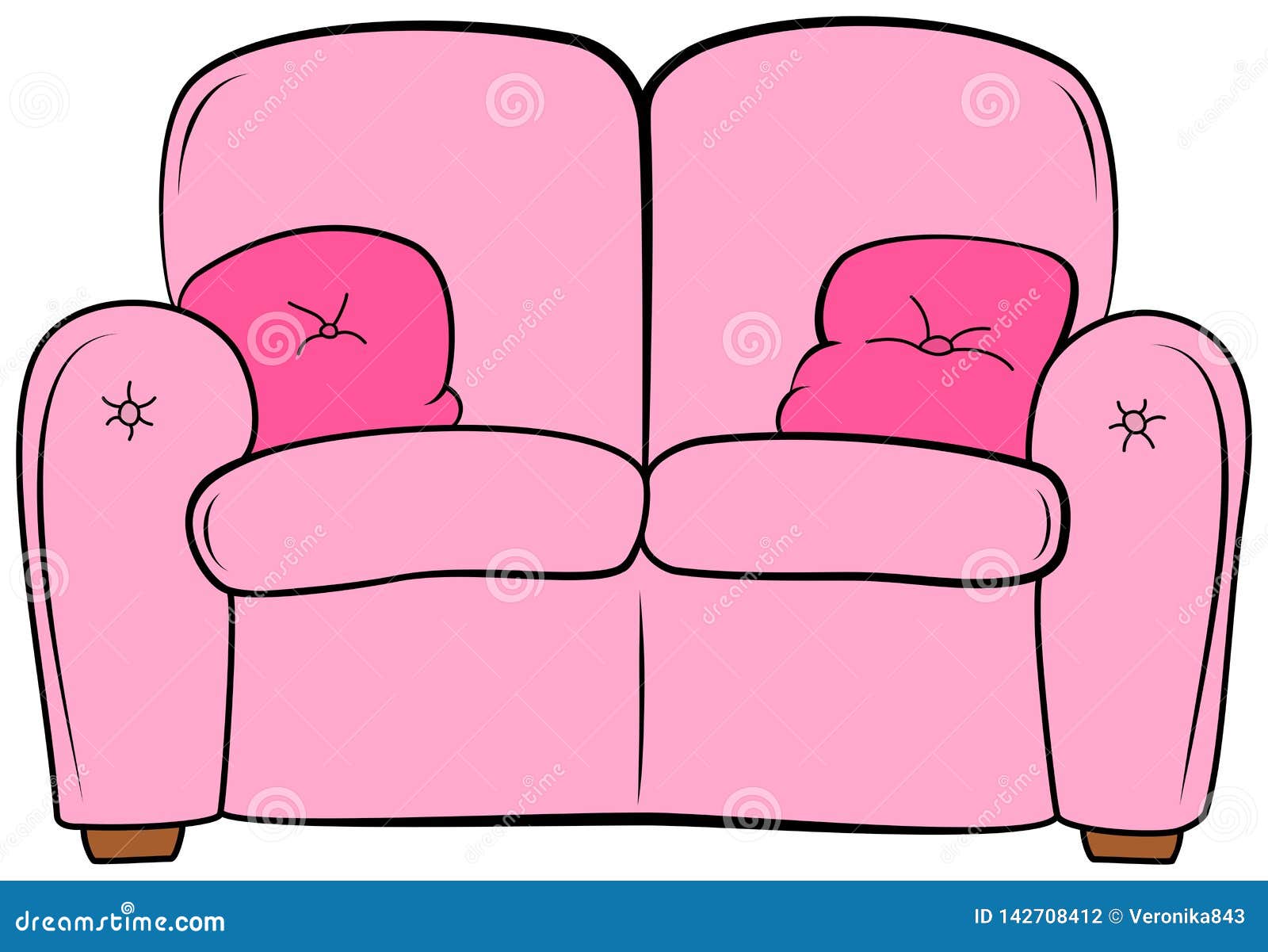 cartoon couch with pillow. pink sofa with cushion clipart